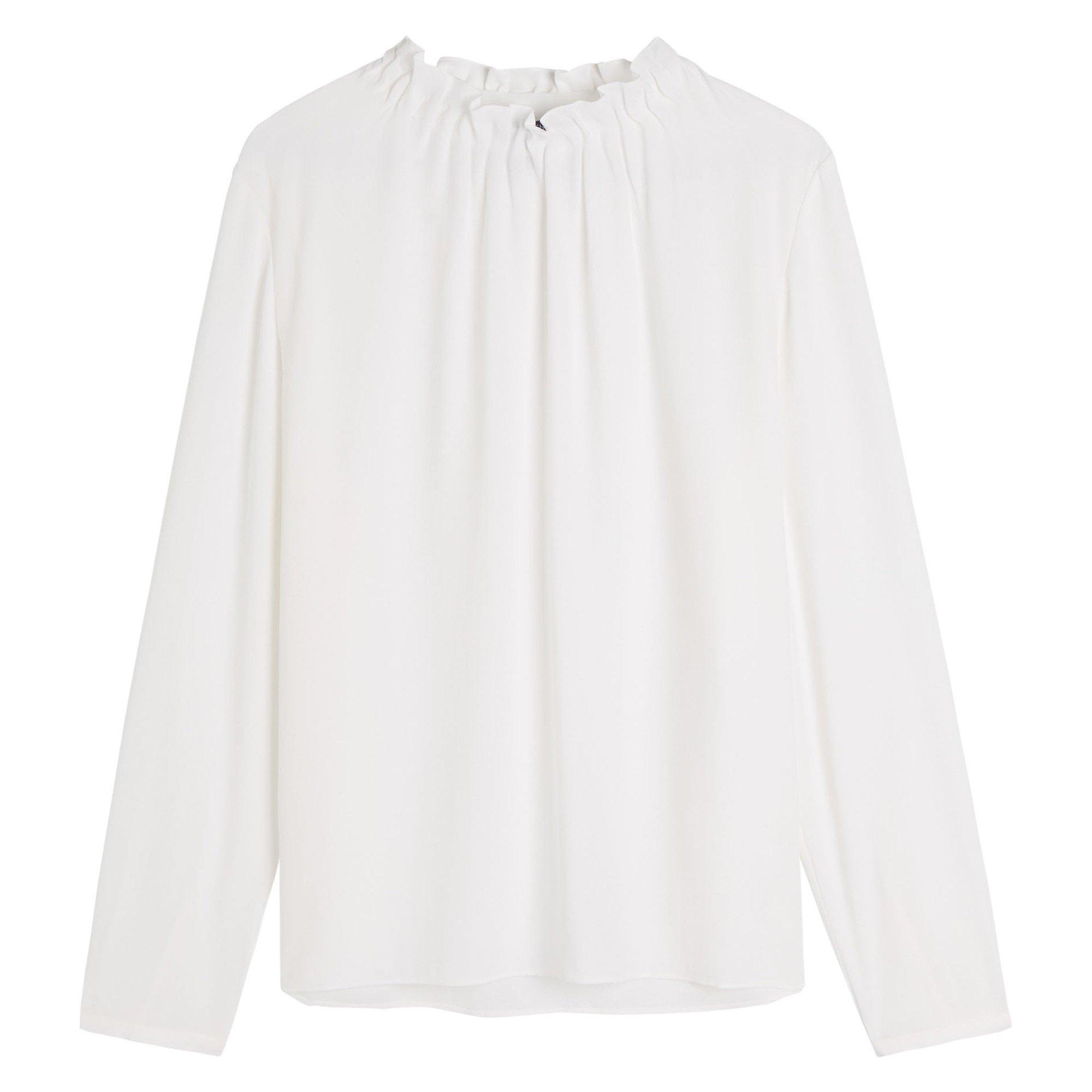 IVORY - Eileen Fisher - Women's Silk Gathered Mock-Neck Long-Sleeve Blouse