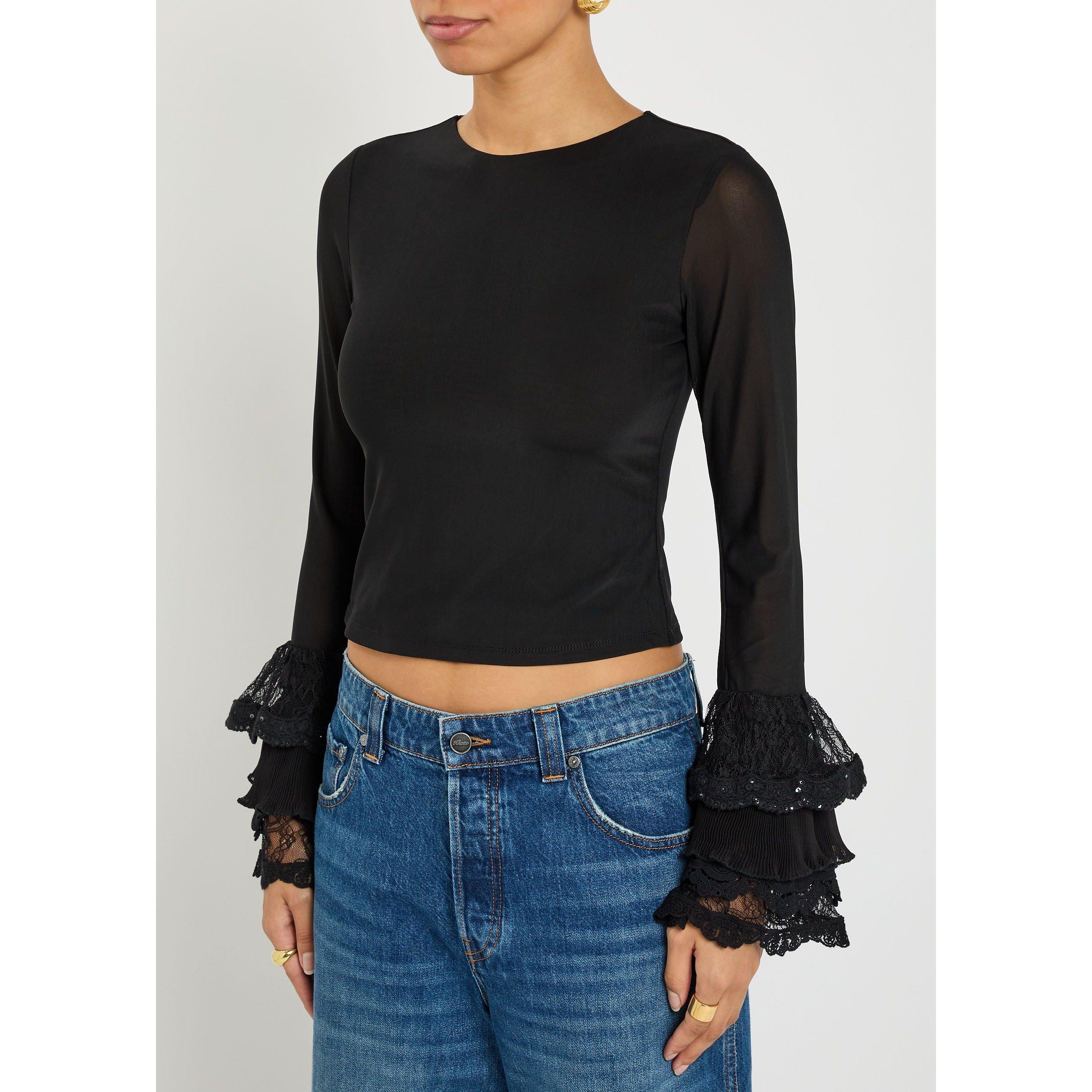 BLACK - Alice And Olivia - T DELAINA RUFLSLV CROP TOP - 2