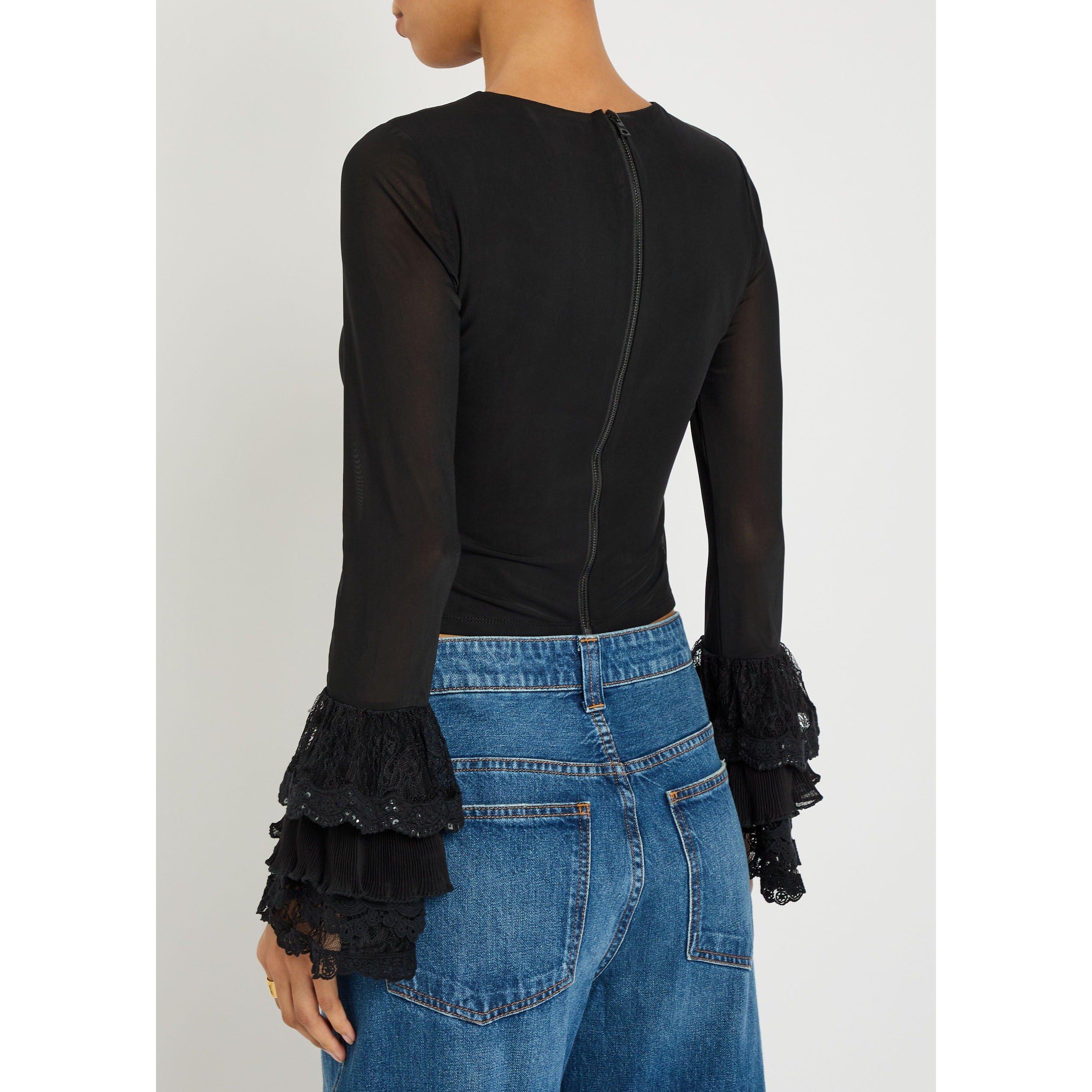 BLACK - Alice And Olivia - T DELAINA RUFLSLV CROP TOP - 3