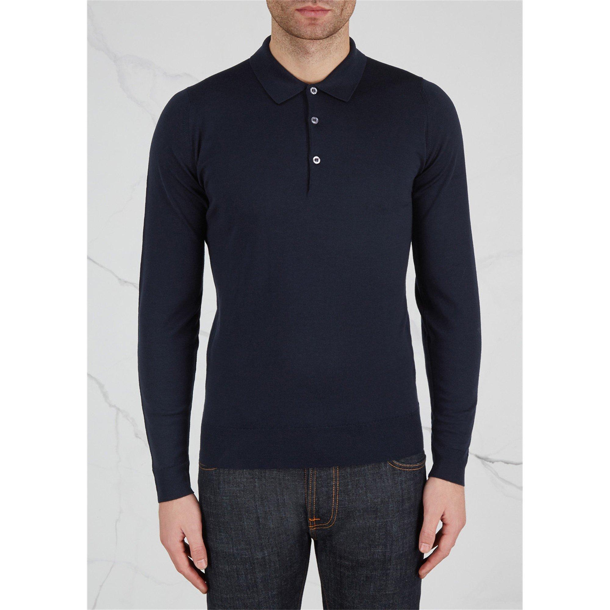 NAVY - John Smedley - Men's Long-Sleeve Merino Wool Slim-Fit Polo Shirt - 2