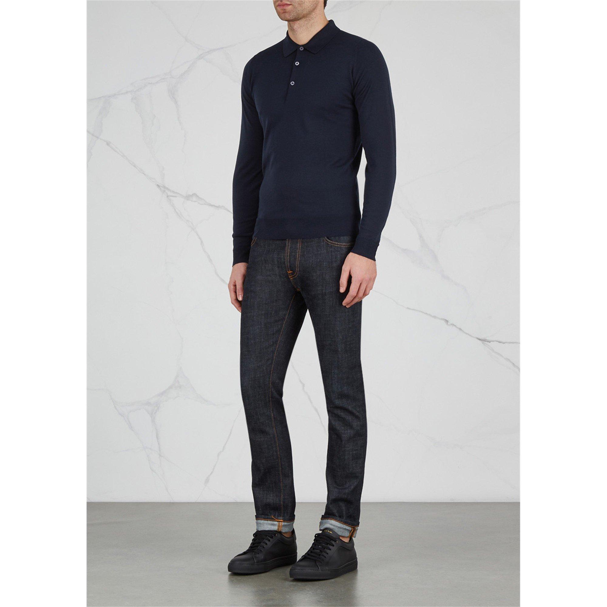 NAVY - John Smedley - Men's Long-Sleeve Merino Wool Slim-Fit Polo Shirt - 5