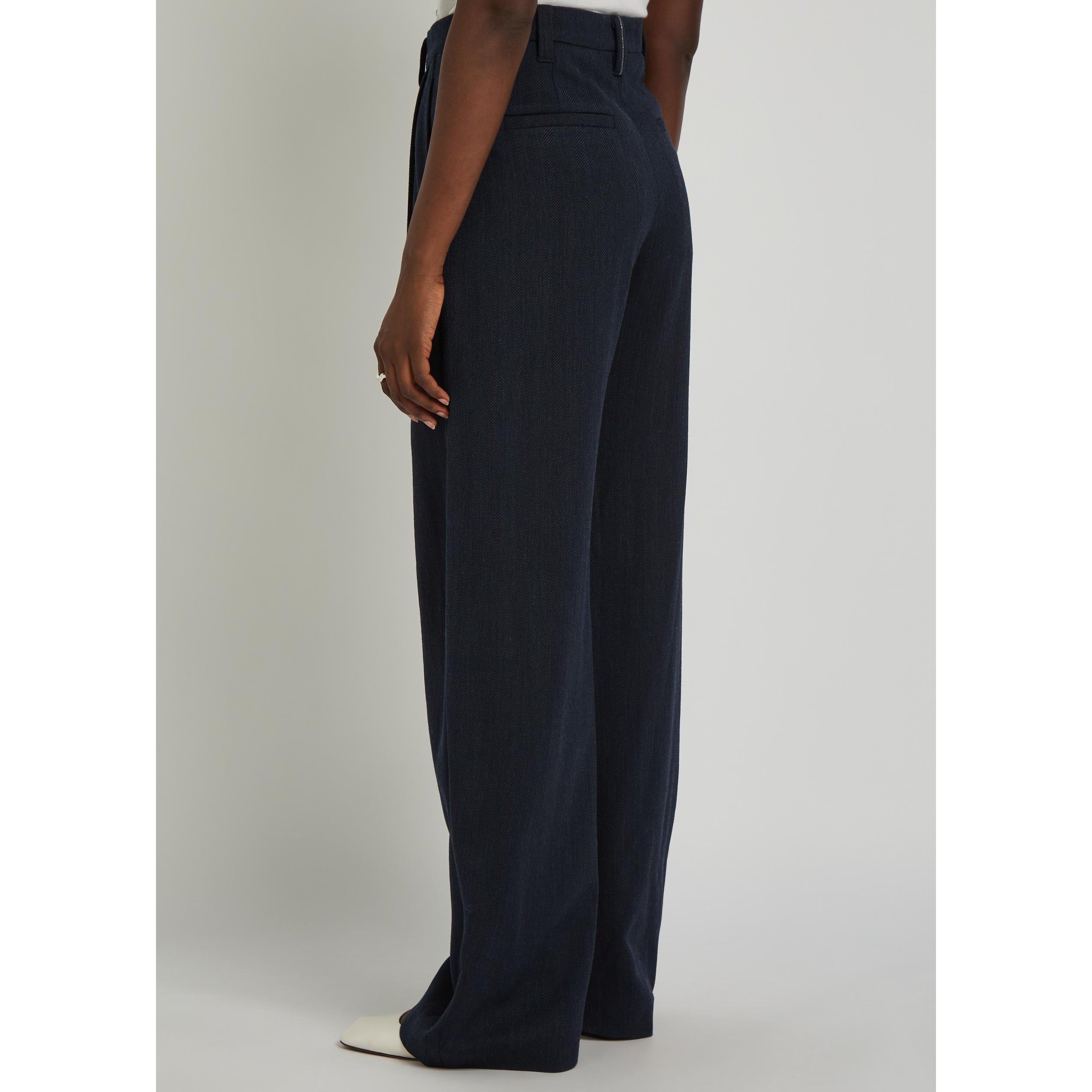 NAVY - Brunello Cucinelli - Women's Herringbone Wool High-Waisted Straight Leg Trousers - 3