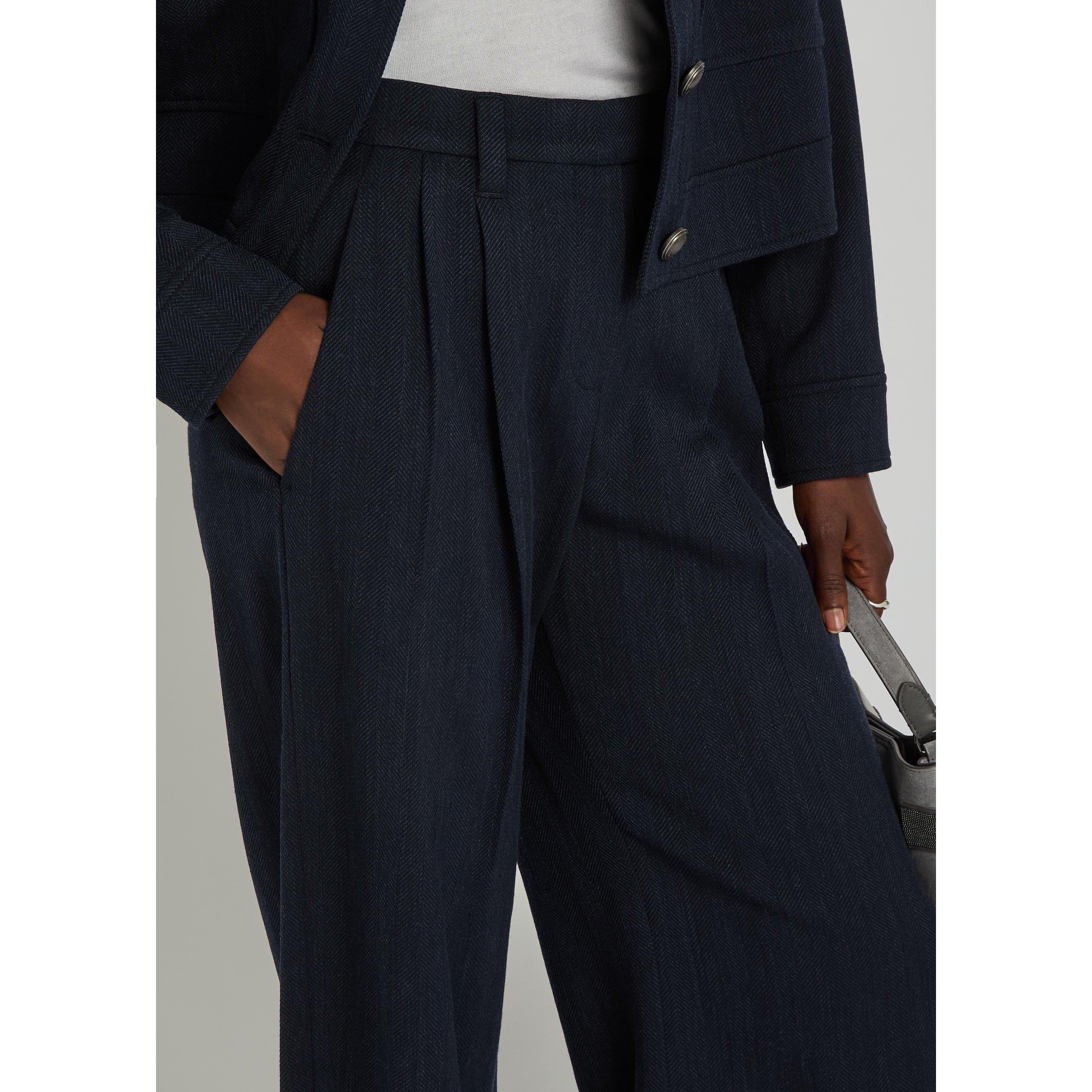 NAVY - Brunello Cucinelli - Women's Herringbone Wool High-Waisted Straight Leg Trousers - 4