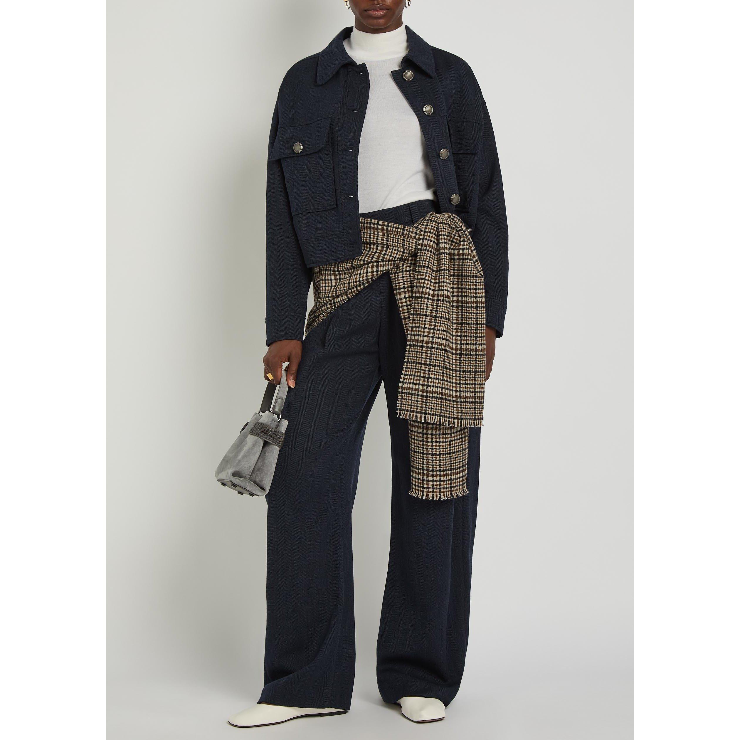 NAVY - Brunello Cucinelli - Women's Herringbone Wool High-Waisted Straight Leg Trousers - 5