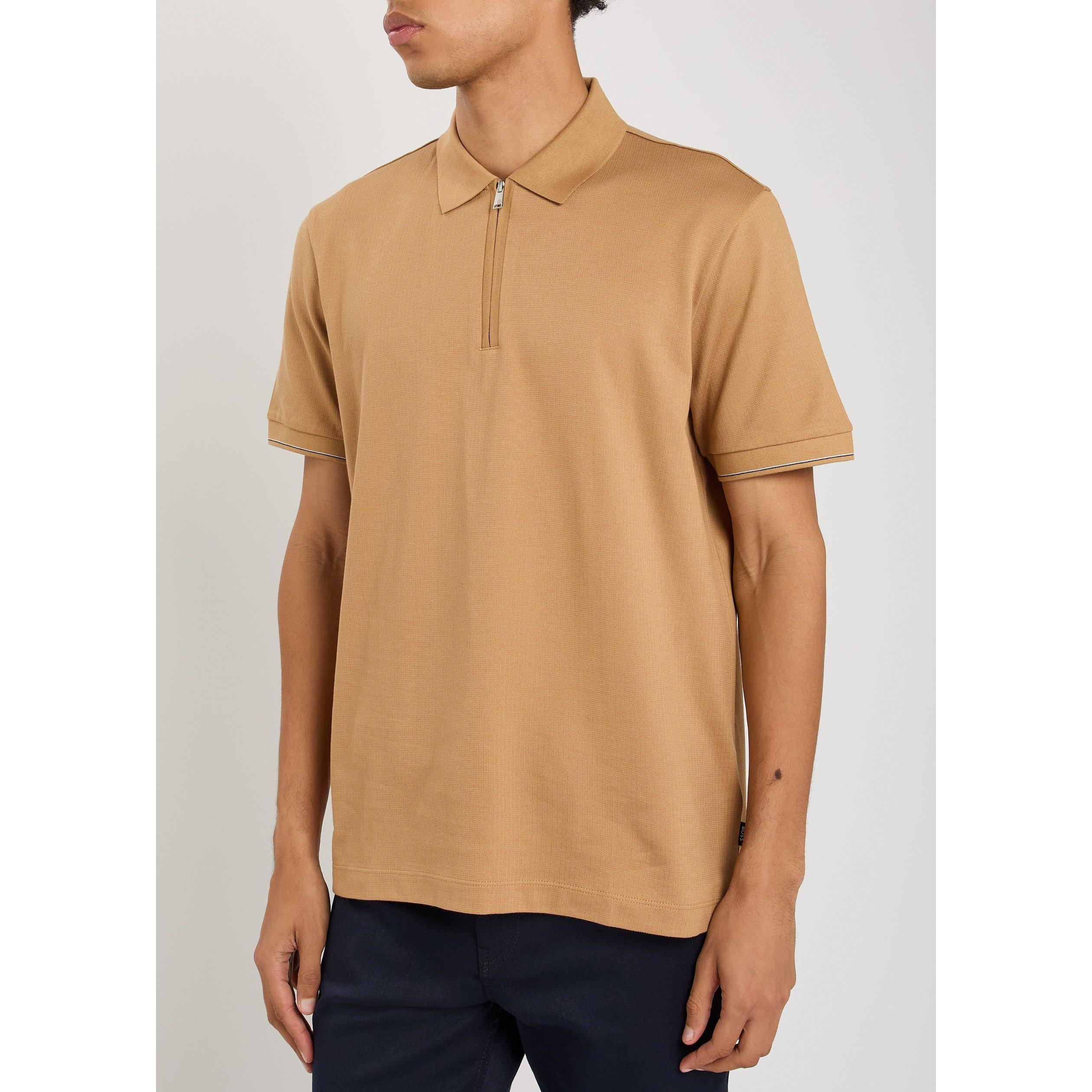 BROWN - Boss - Men's Zip Collar Cotton Short Sleeve Regular Fit Polo Shirt - 2