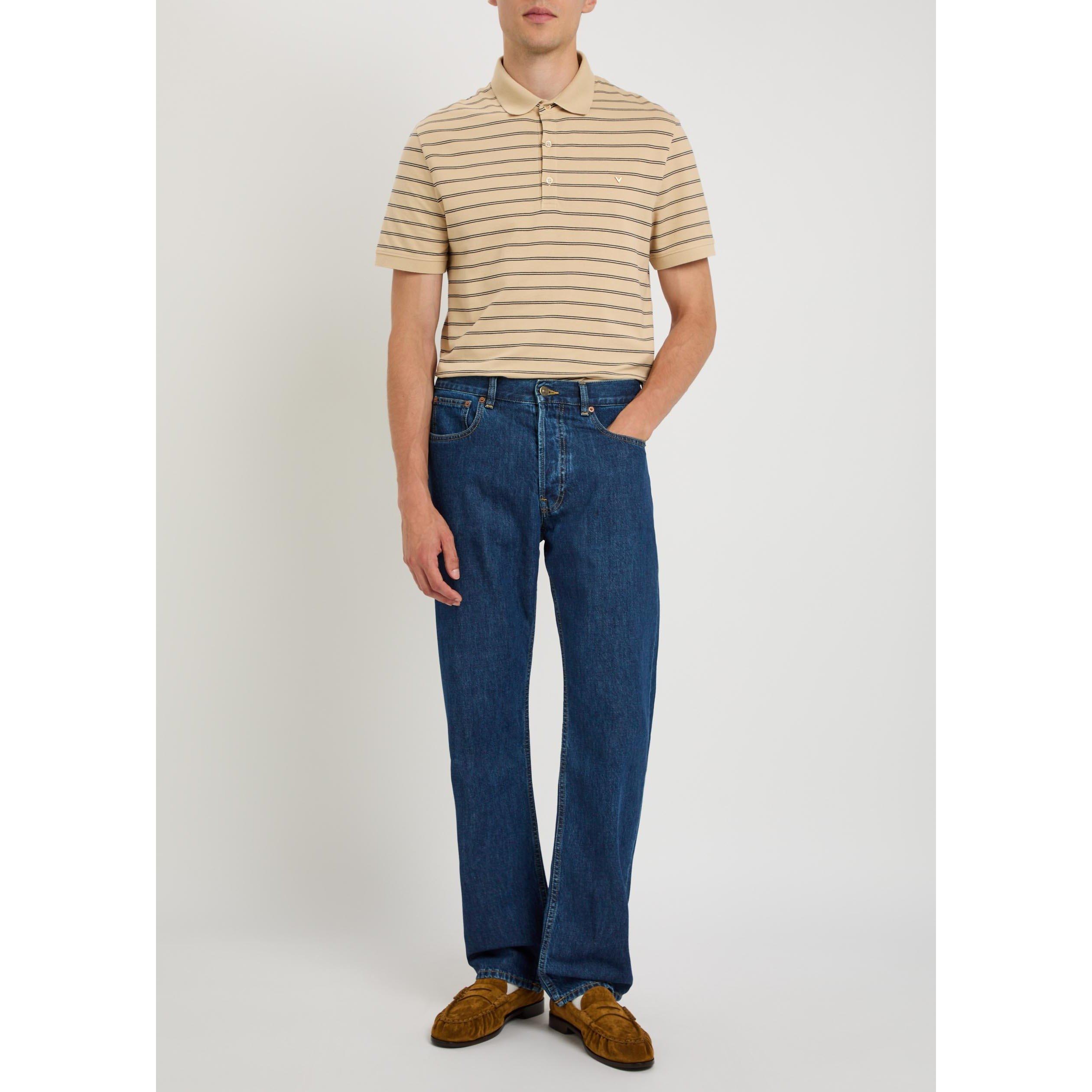 BEIGE - Valentino - Men's Val Piquet Striped Cotton Polo Shirt - 5