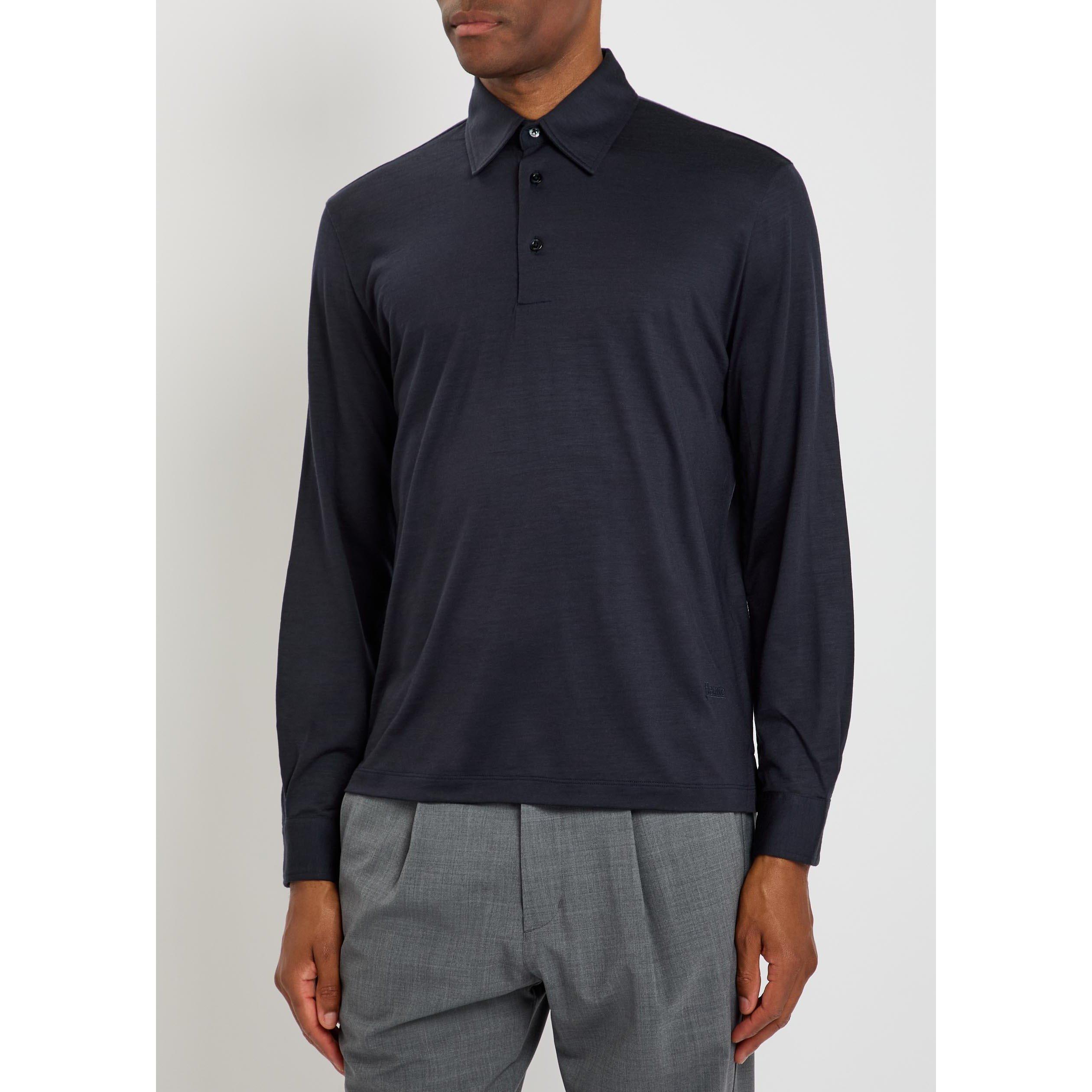 NAVY - Herno - Men's Long-Sleeve Wool Polo Shirt - 2