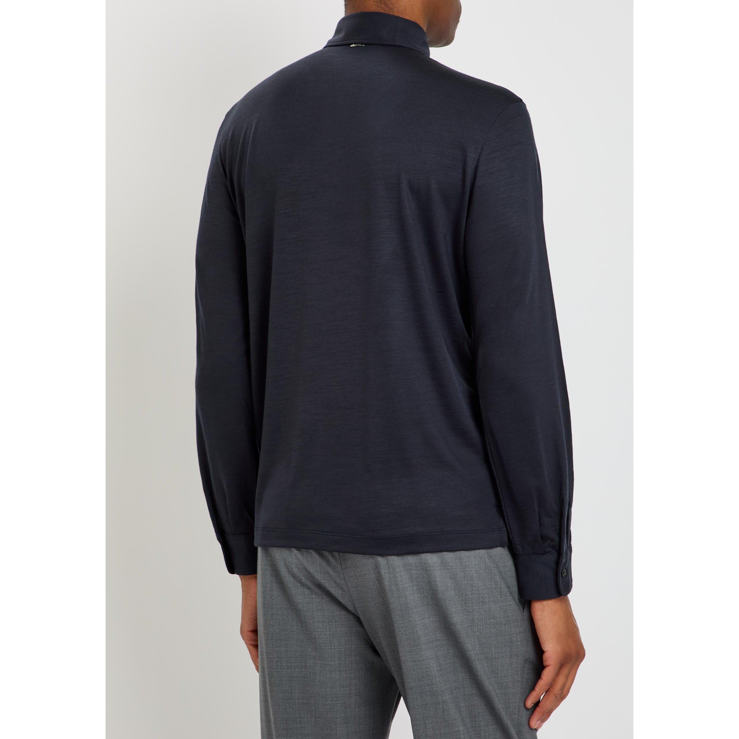 NAVY - Herno - Men's Long-Sleeve Wool Polo Shirt - 3