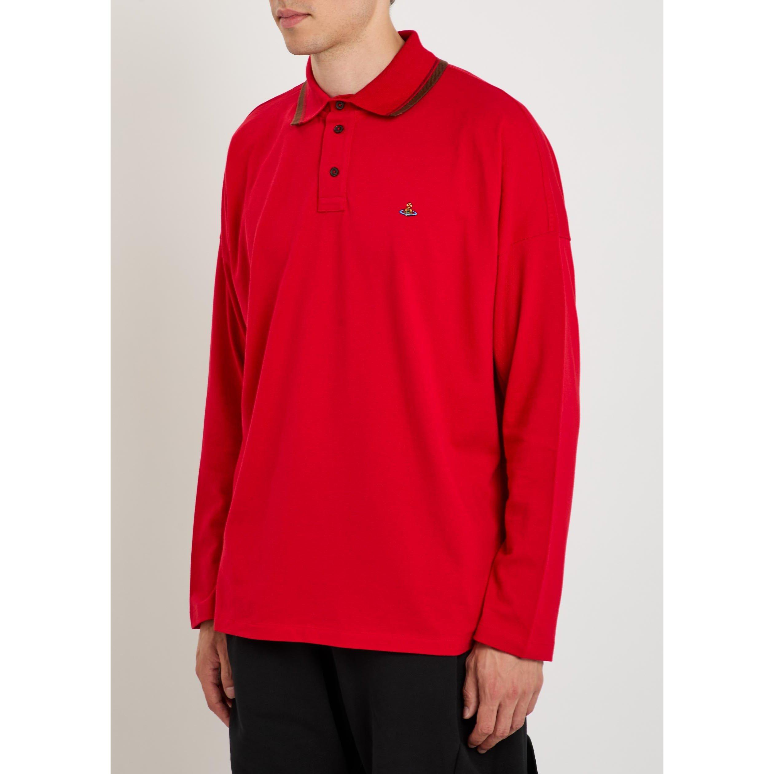 RED - Vivienne Westwood - Men's Cotton Long-Sleeve Oversized-Fit Polo Shirt - 2