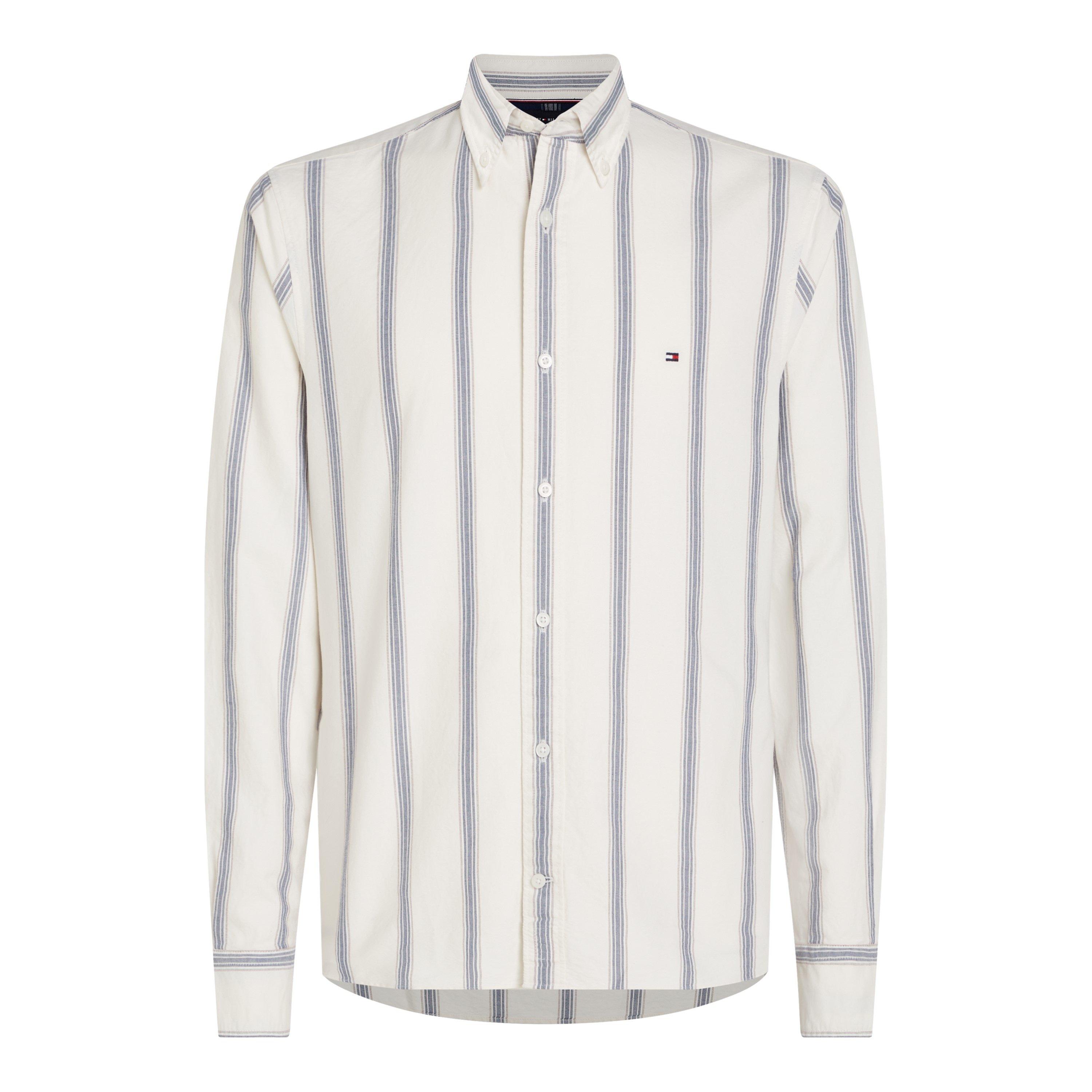 White/Navy - Tommy Hilfiger - Men's Shadow Stripe Long-Sleeve Patterned Shirt - 6