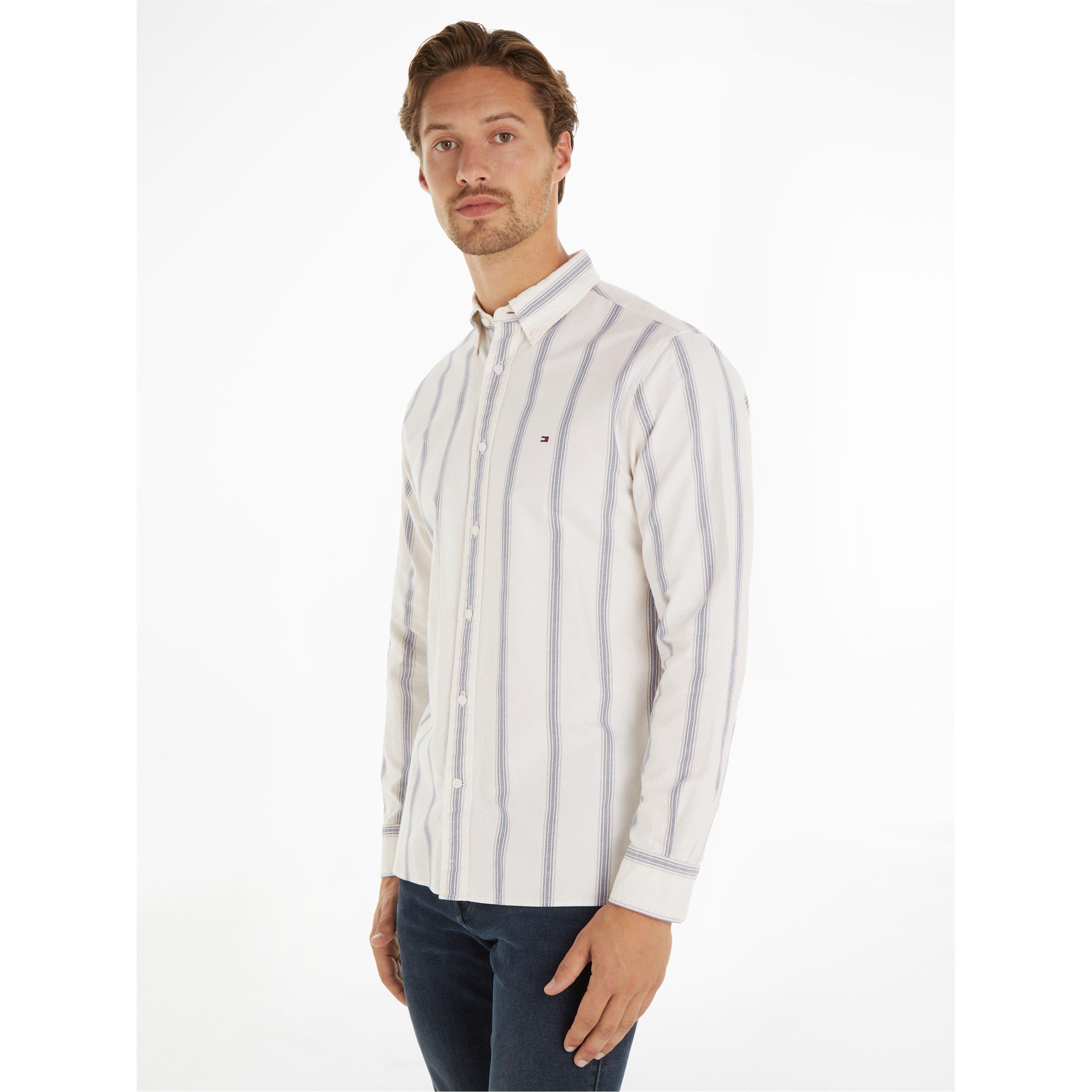 White/Navy - Tommy Hilfiger - Men's Shadow Stripe Long-Sleeve Patterned Shirt - 3