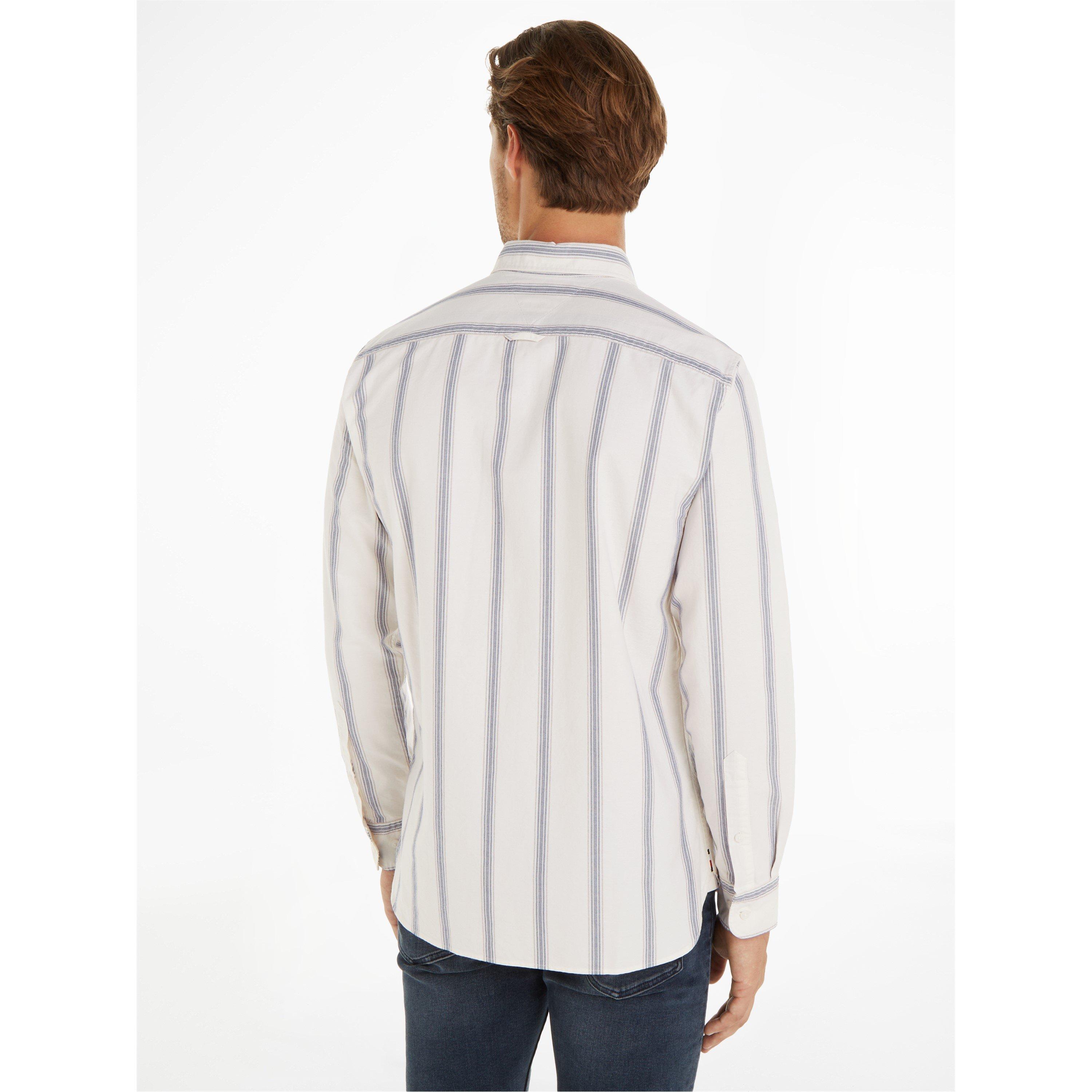 White/Navy - Tommy Hilfiger - Men's Shadow Stripe Long-Sleeve Patterned Shirt - 4