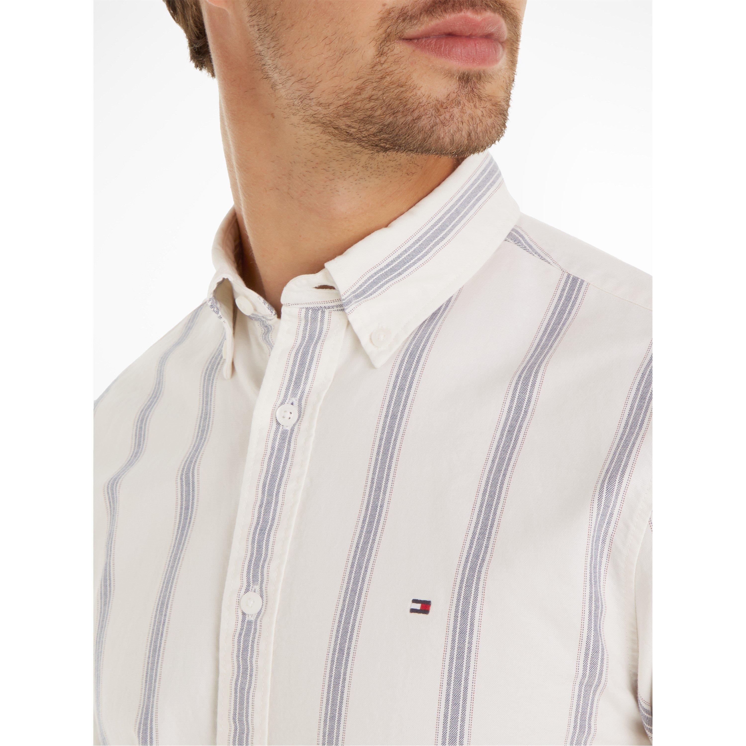 White/Navy - Tommy Hilfiger - Men's Shadow Stripe Long-Sleeve Patterned Shirt - 5