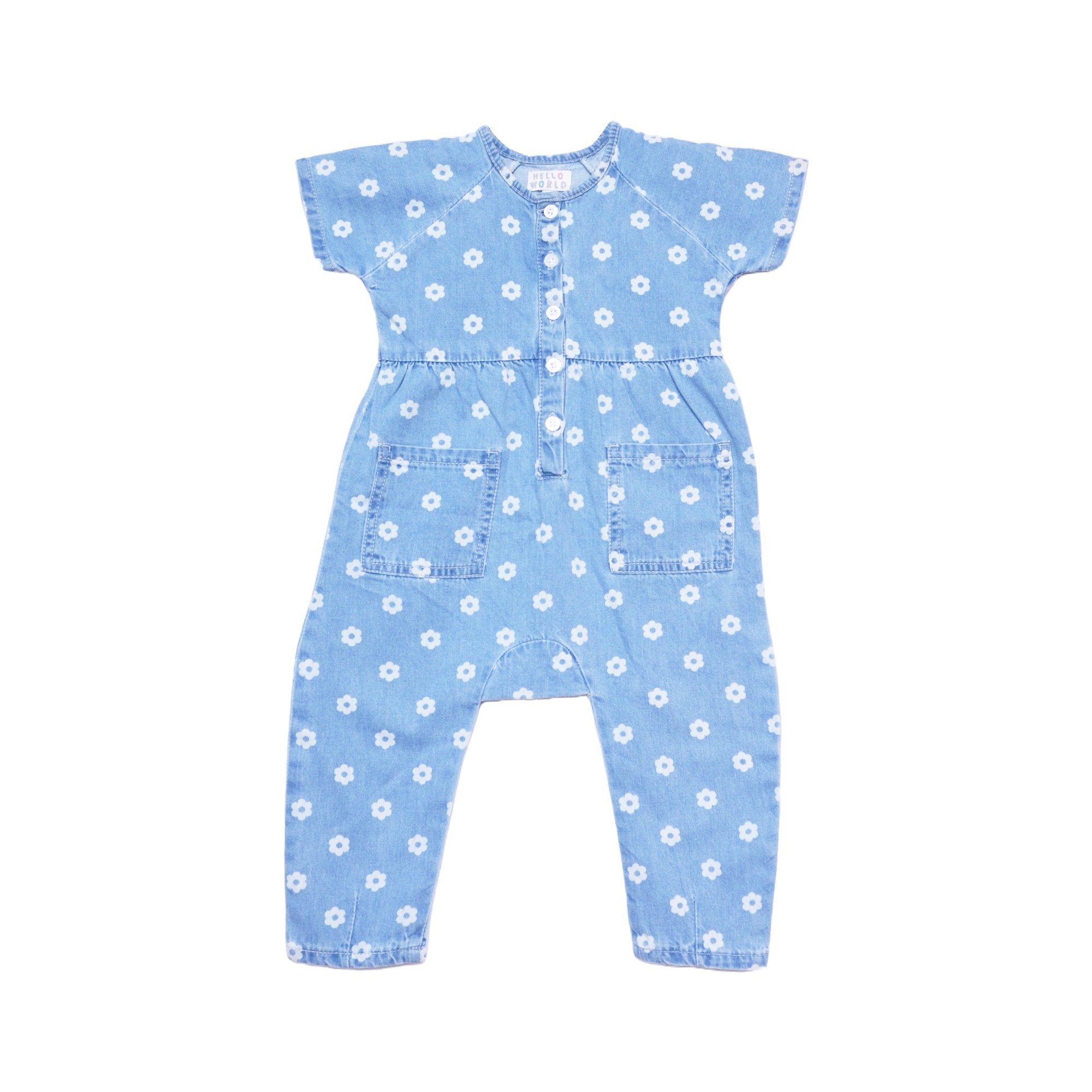 BLUE - Hello World - Baby Girl Floral Denim Blue Bodysuit - 2