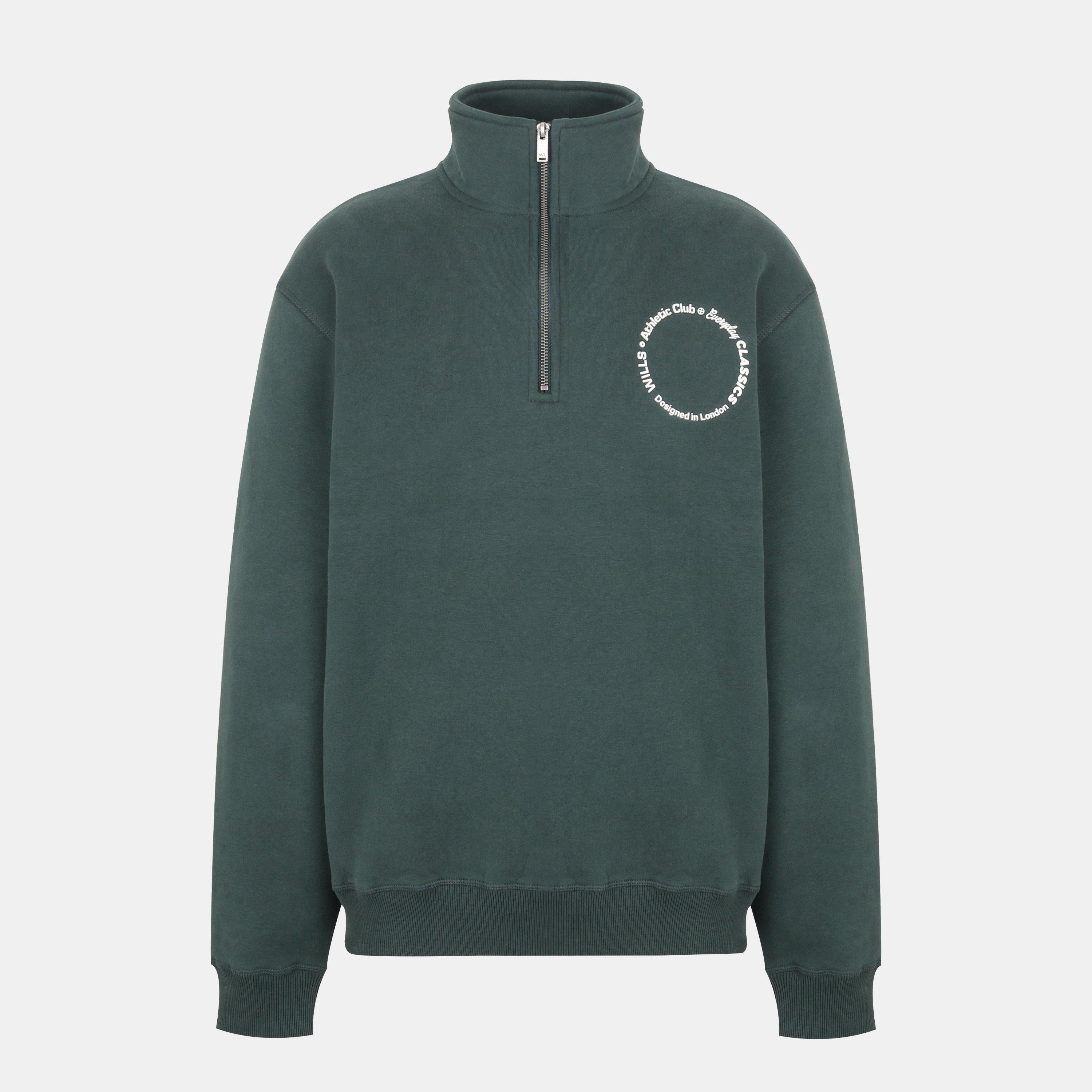 Dark Pine - Jack Wills - Men's Athletic Cotton Long Sleeve Funnel Neck Oversized Fit 1/4 Zip Fleece - 1