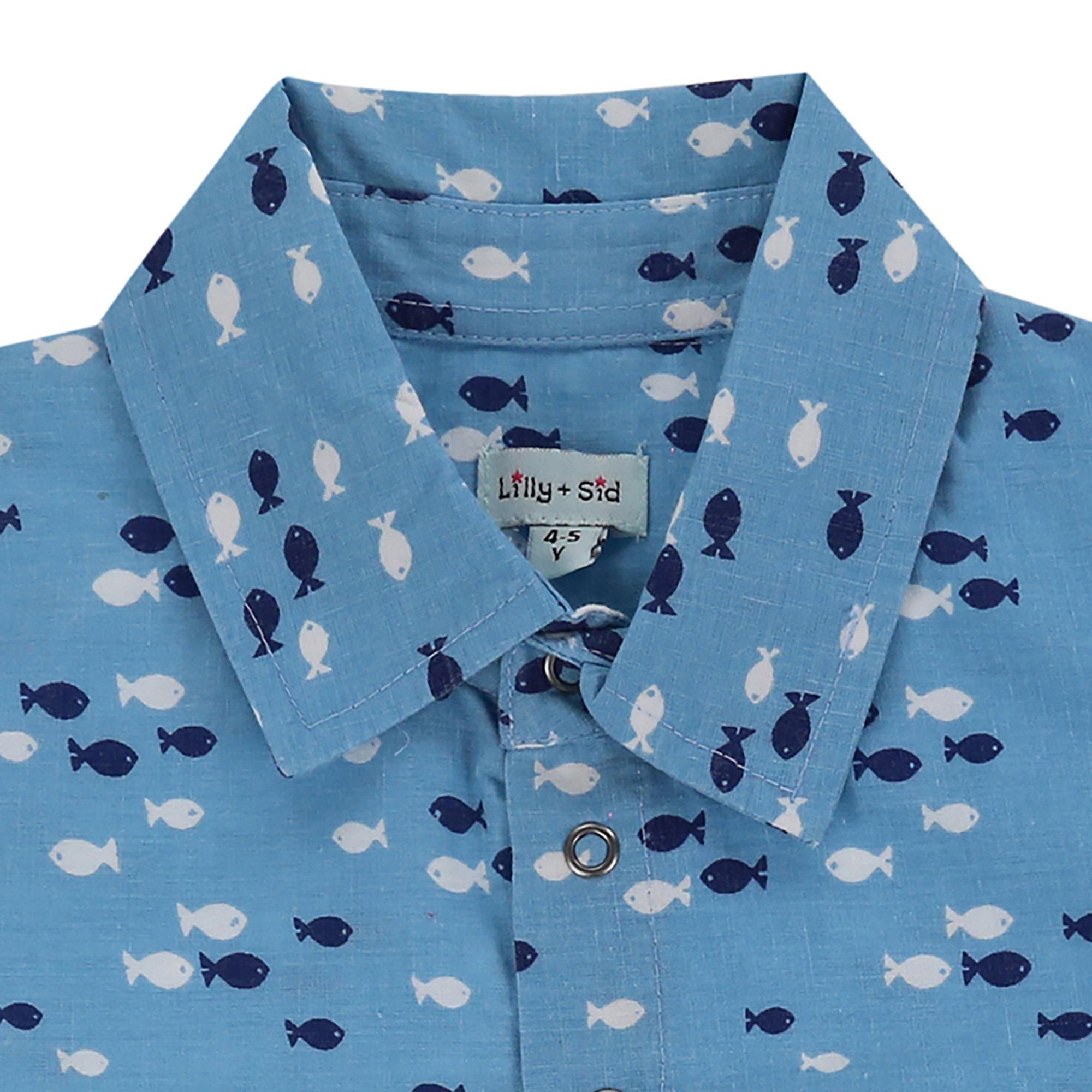 Blue - Lilly and Sid - Fish Print Short-Sleeve Shirt - 3