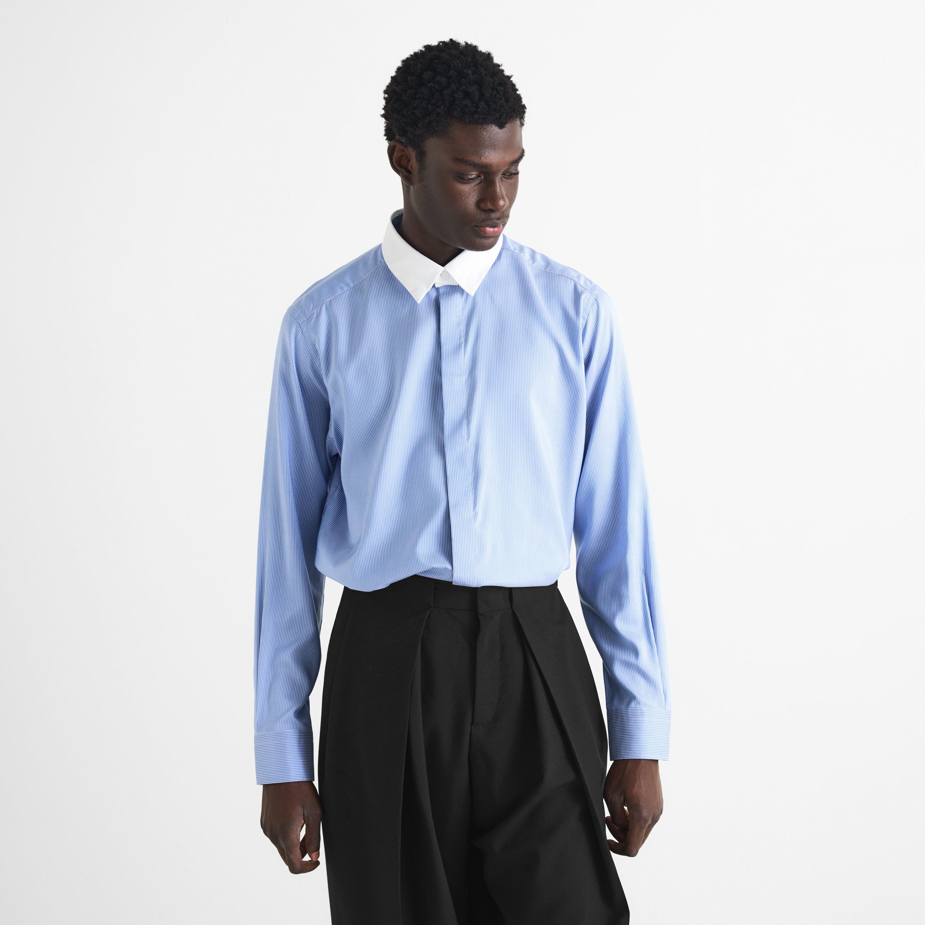 Blue/White - Tom Ford - Men's Silk Striped Long-Sleeve Shirt - 3