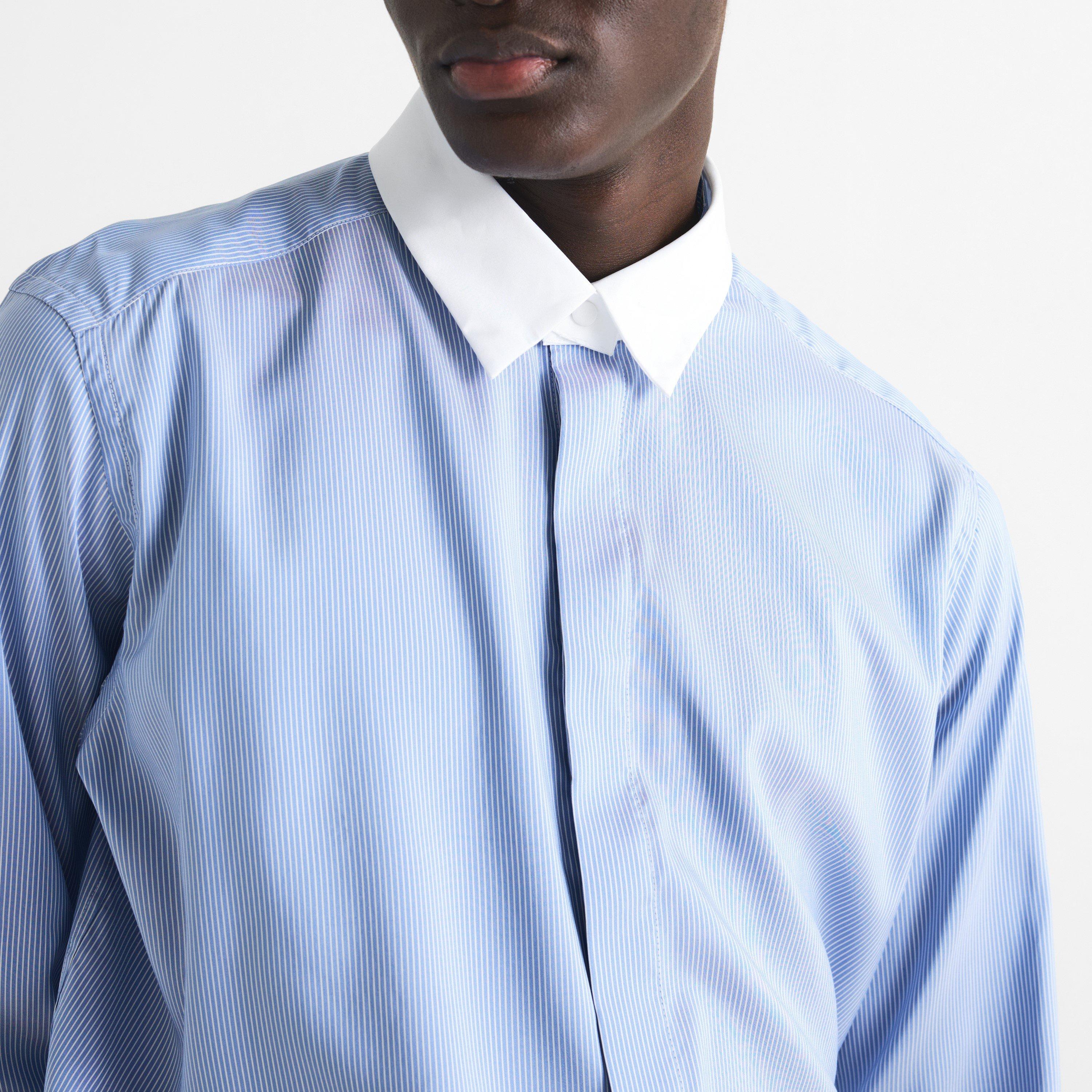 Blue/White - Tom Ford - Men's Silk Striped Long-Sleeve Shirt - 5