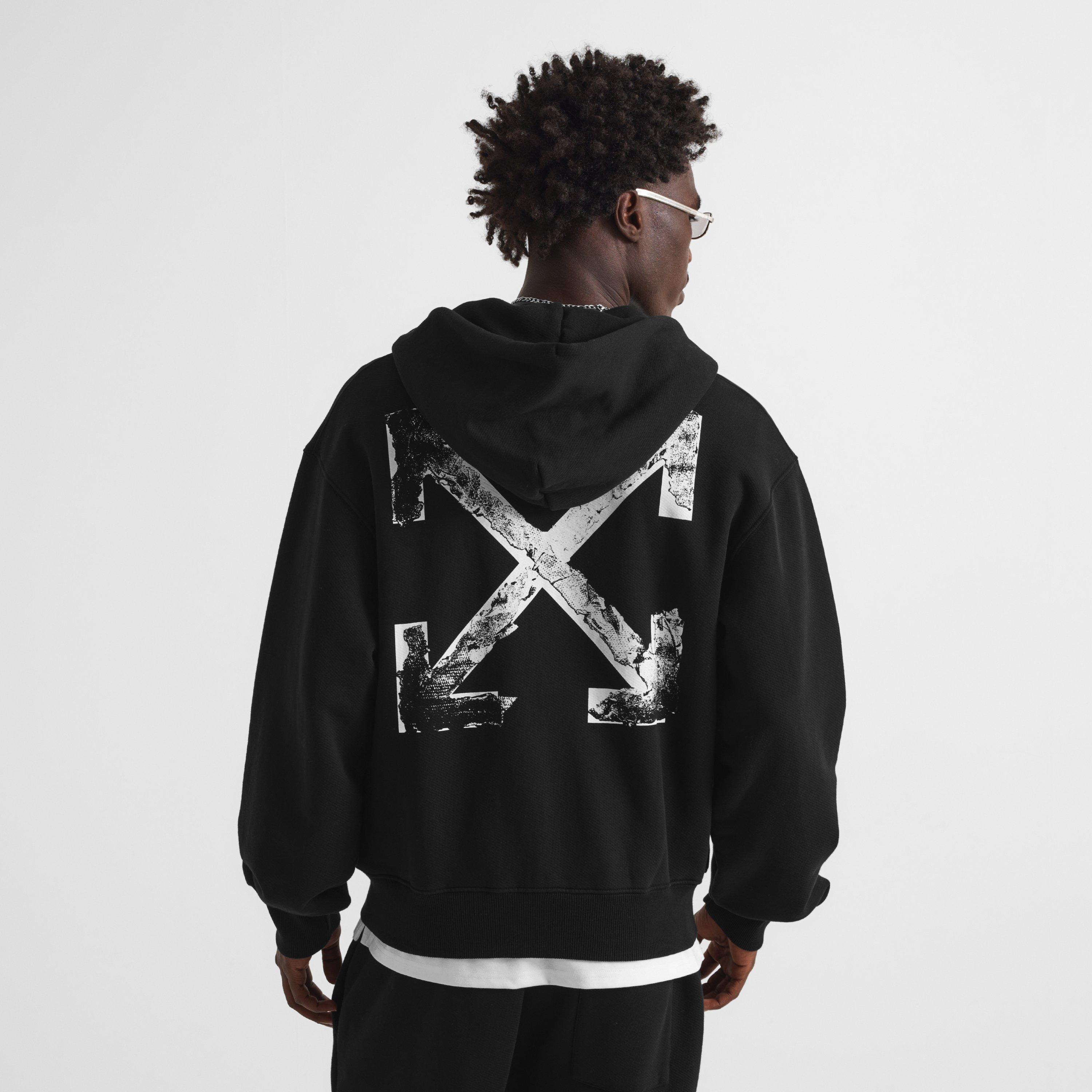 Black - Off White - Men's Marble Arrow Zip Hoodie Fleece Top - 4