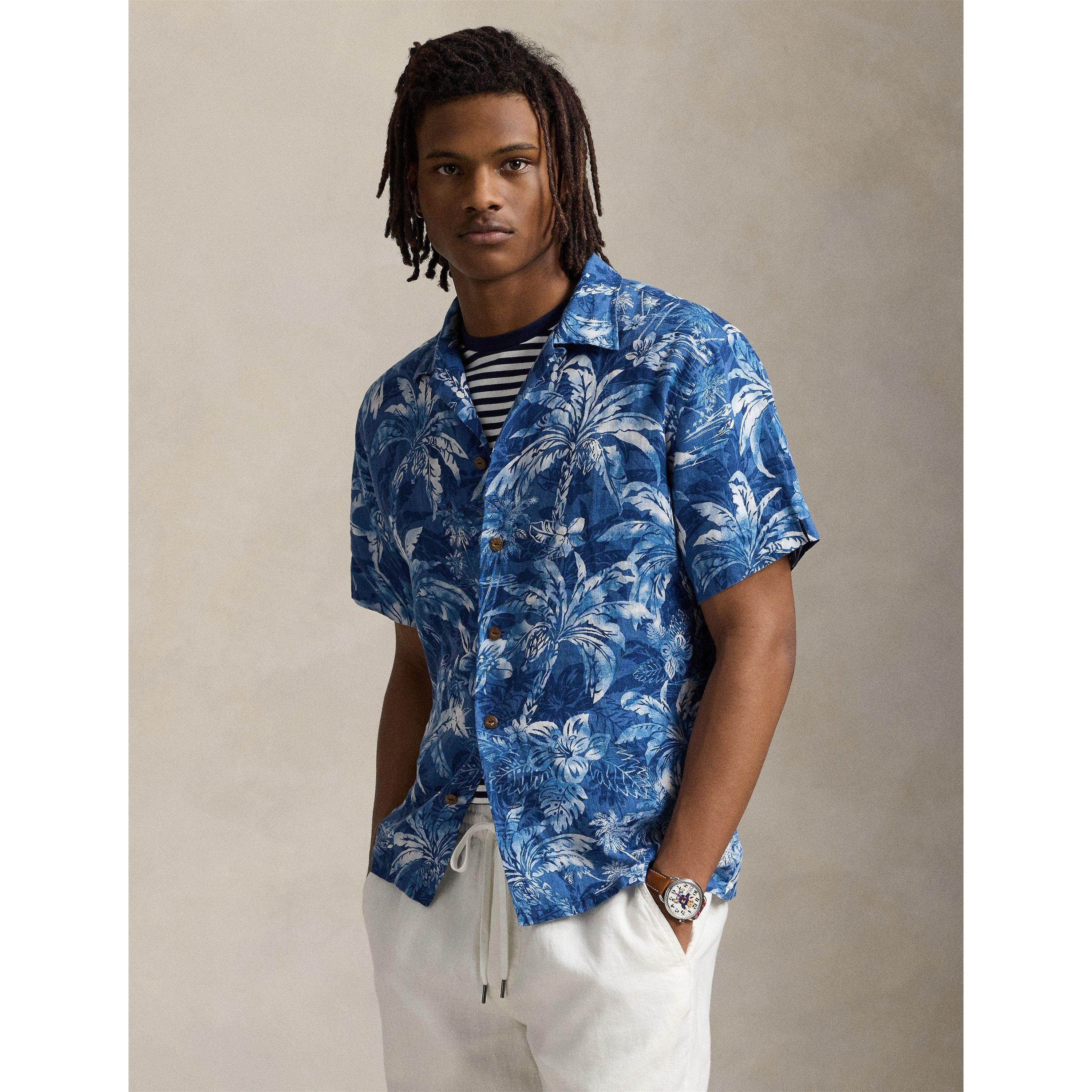 Indigo Palm - Polo Ralph Lauren - Men's Linen Palm Pattern Short Sleeve Shirt - 3