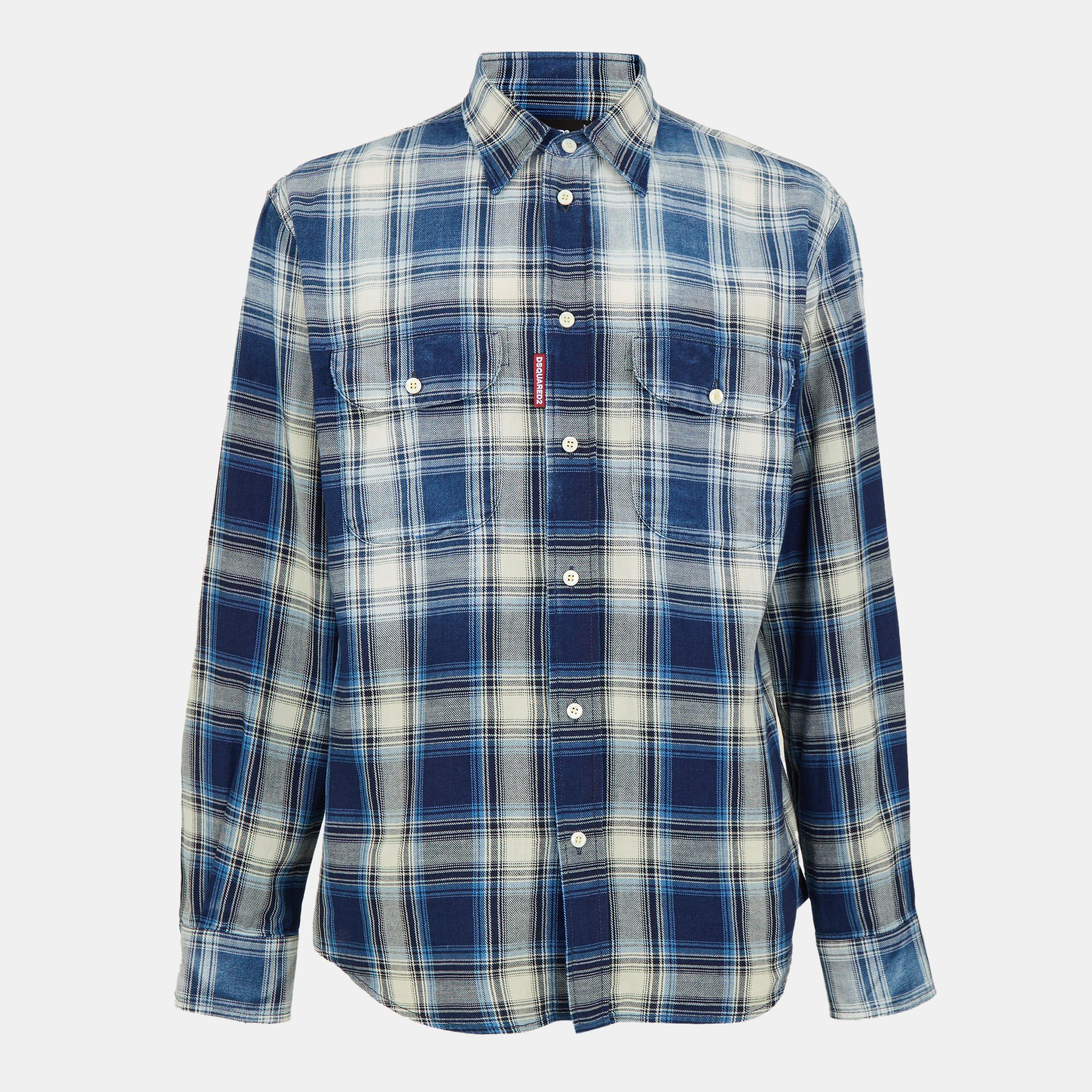 Indigo Check - DSquared2 - Men's DSQ Vintage Long Sleeve Patterned Relaxed Fit Shirt - 1