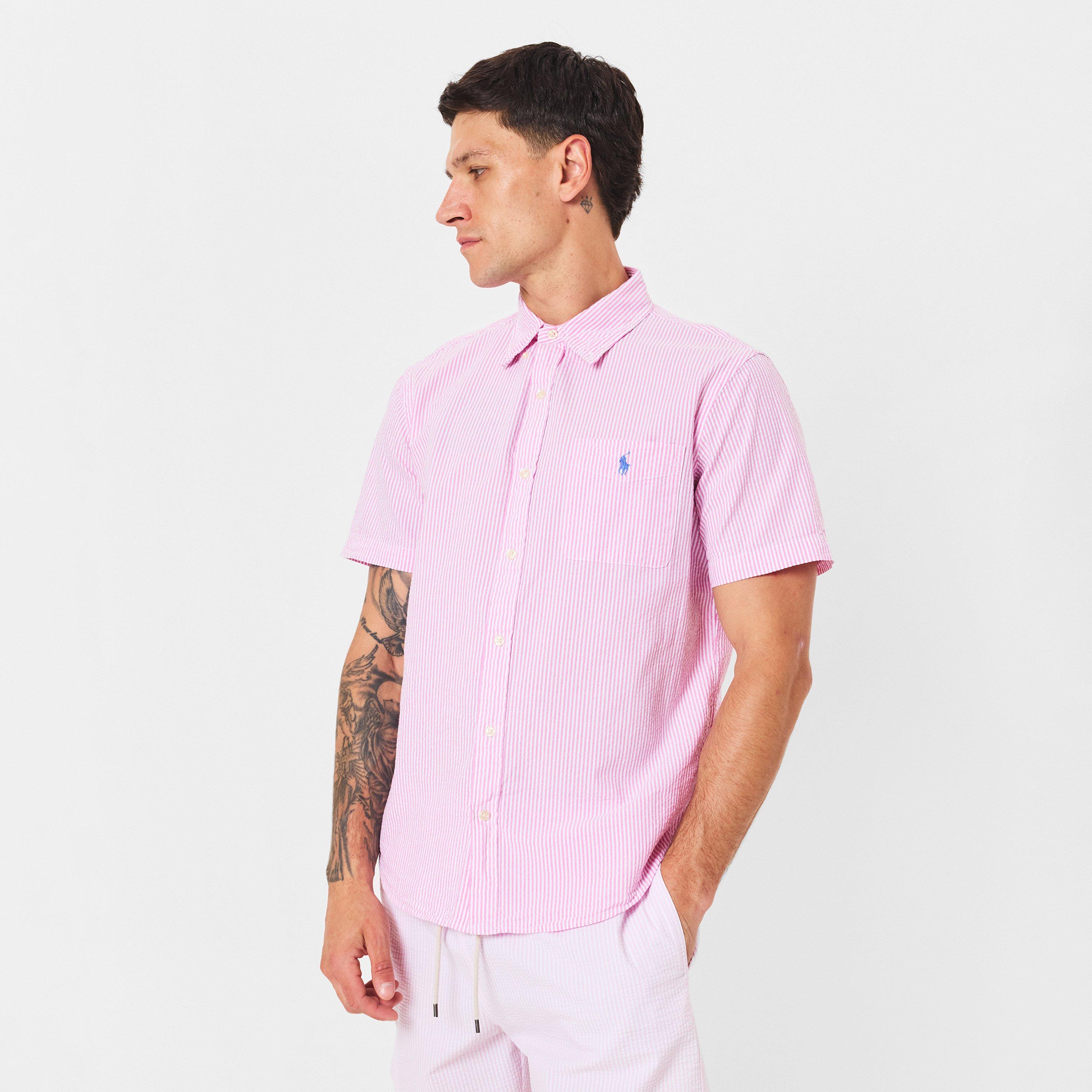 Rose/White - Polo Ralph Lauren - Men's Striped Seersucker Short-Sleeve Patterned Shirt - 3