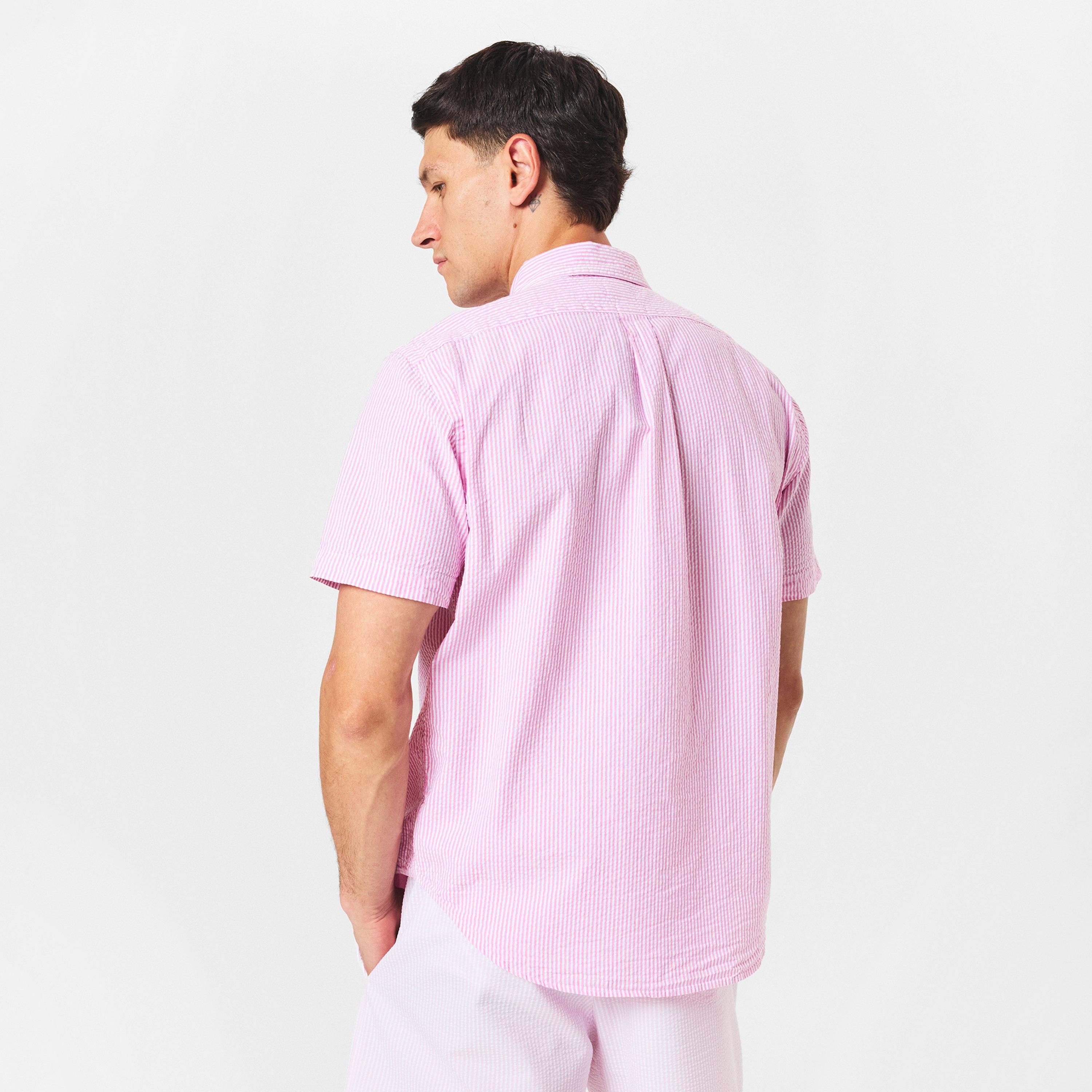 Rose/White - Polo Ralph Lauren - Men's Striped Seersucker Short-Sleeve Patterned Shirt - 4