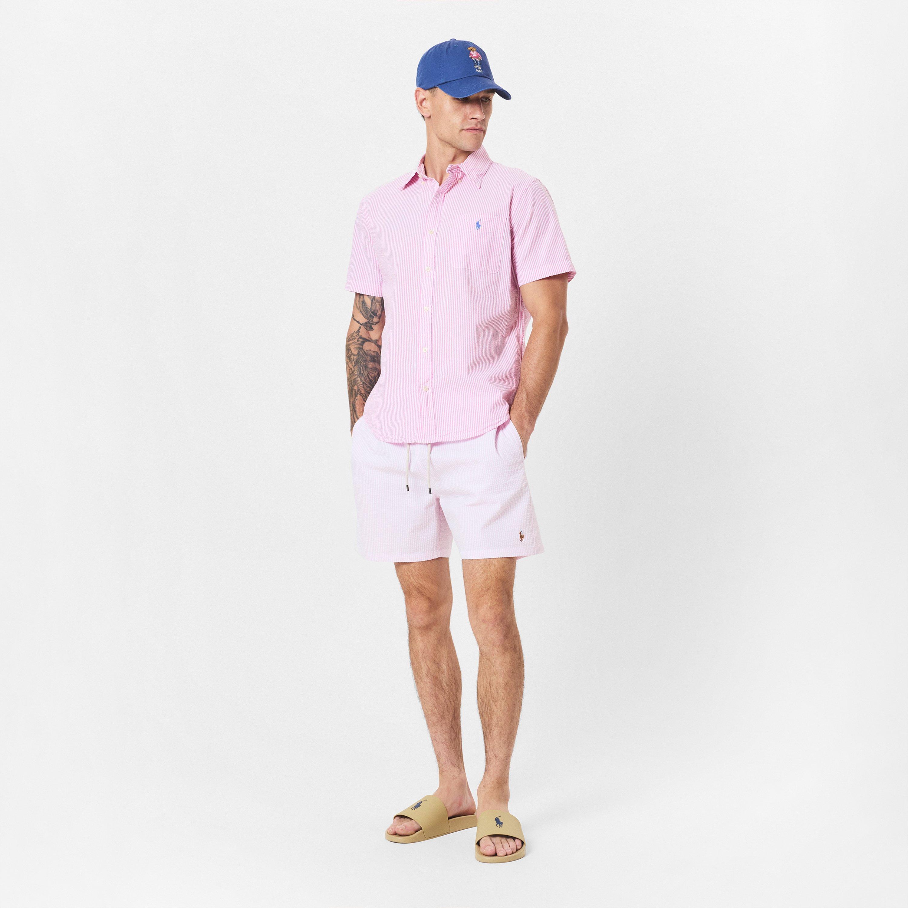 Rose/White - Polo Ralph Lauren - Men's Striped Seersucker Short-Sleeve Patterned Shirt - 6