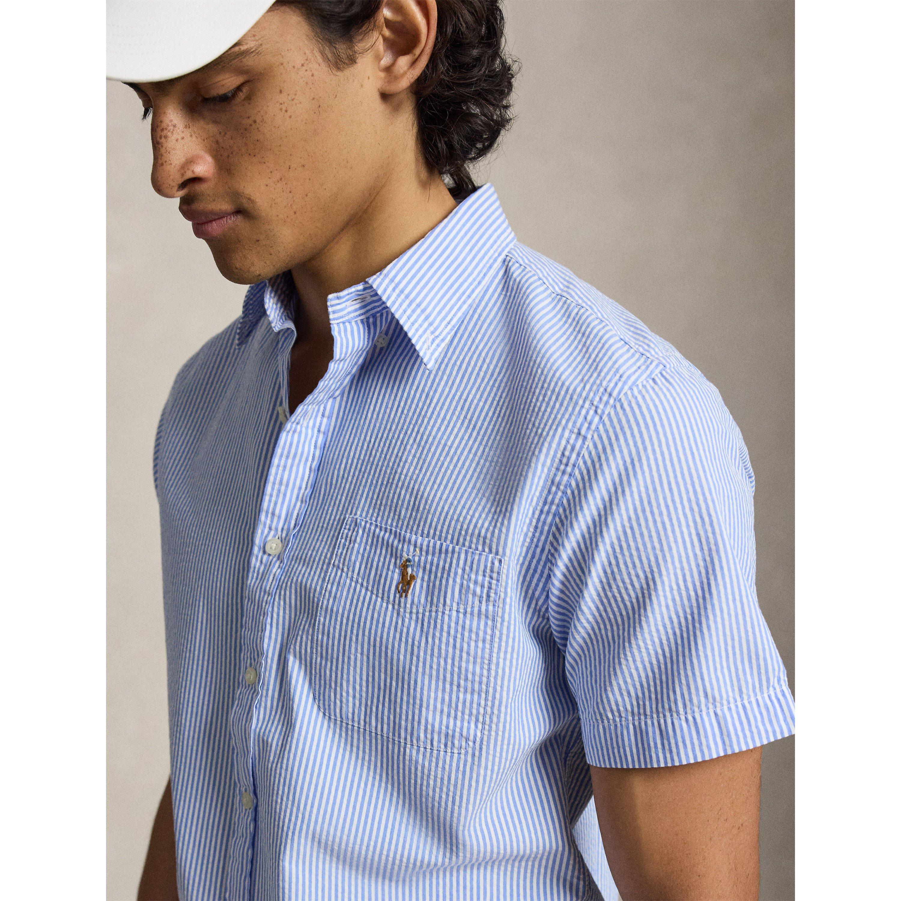 Blue/White - Polo Ralph Lauren - Men's Striped Seersucker Short Sleeve Shirt - 4