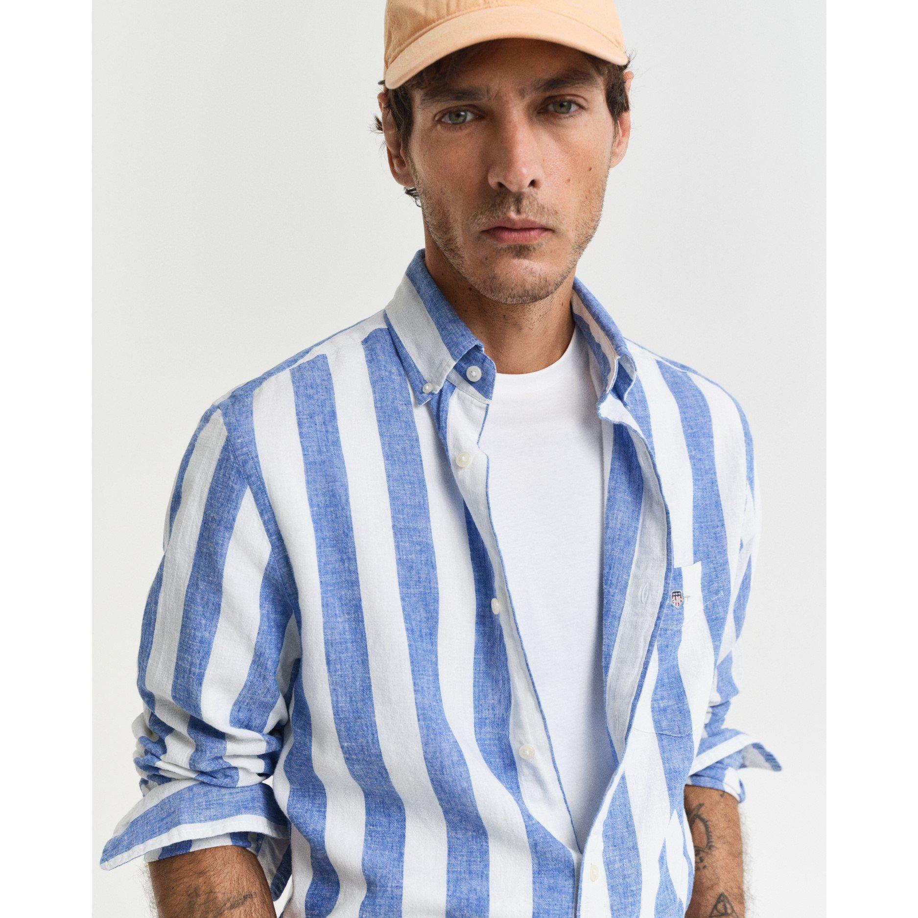 Verse Blauwe - Gant - Men's Bold Striped Cotton Linen Long-Sleeve Patterned Shirt - 4