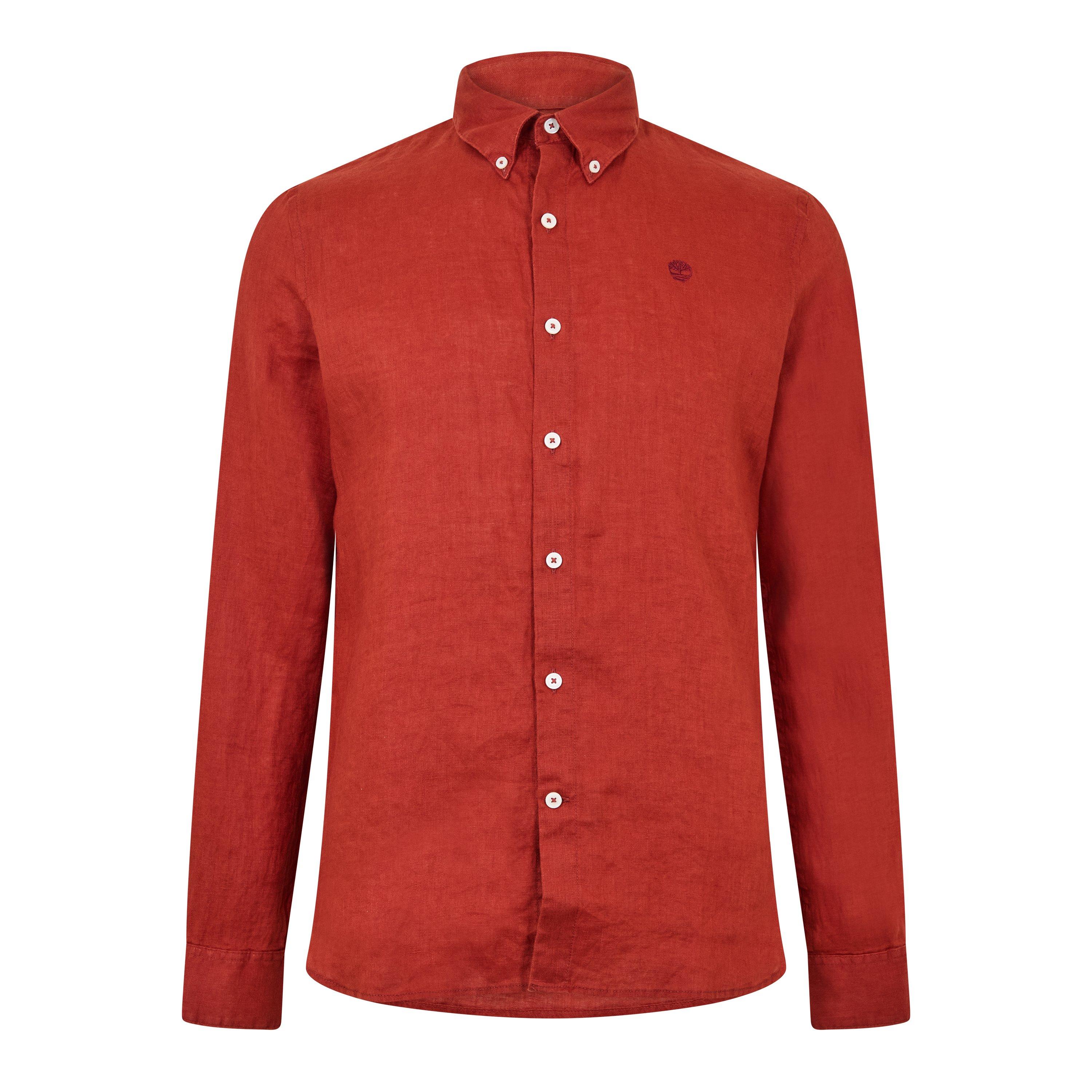 Timberland Men's Mill Brook Linen Leaf Green Long-Sleeve Plain Shirt - Burnt Henna - S