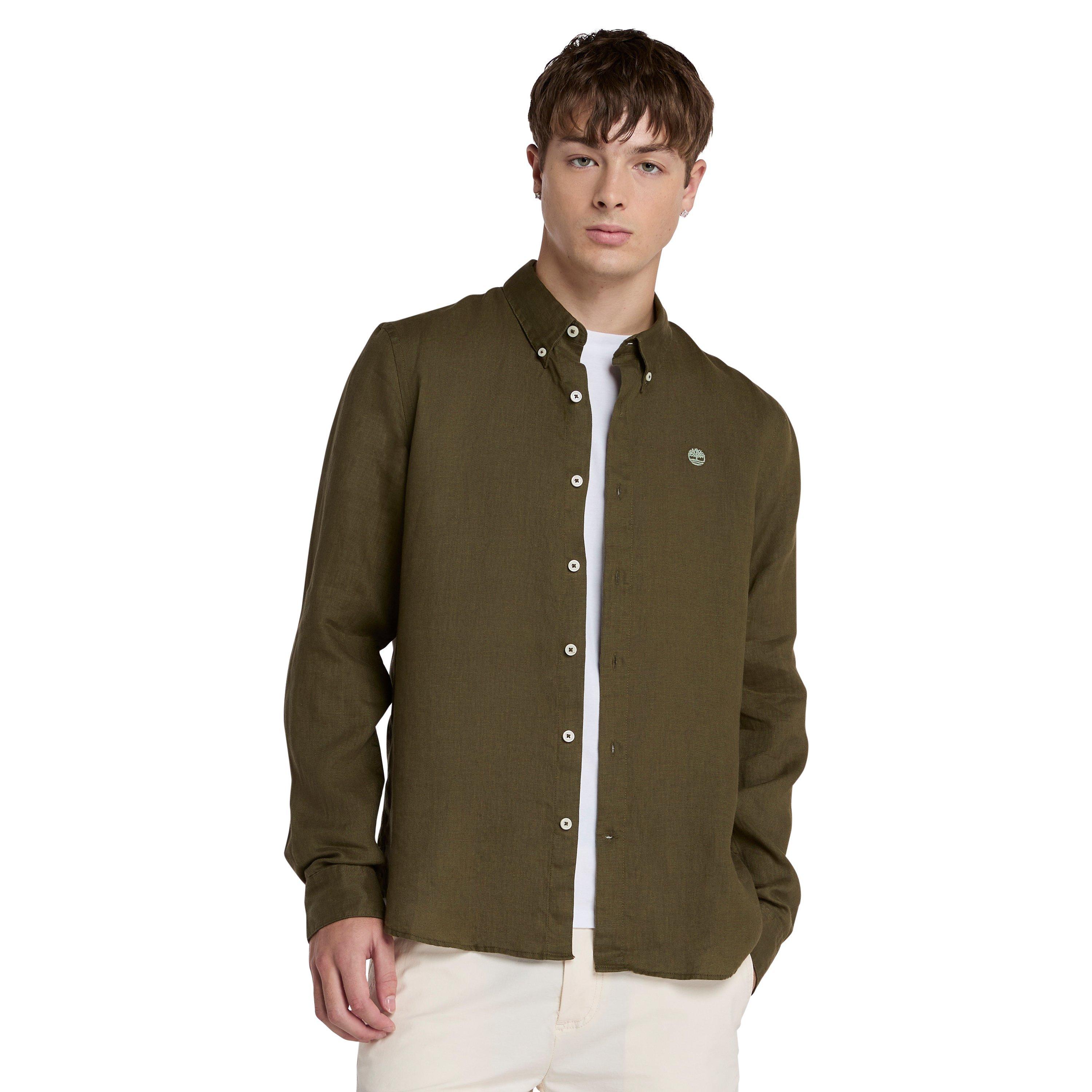 Timberland Men's Mill Brook Linen Long-Sleeve Plain Shirt Leaf Green - 2XL