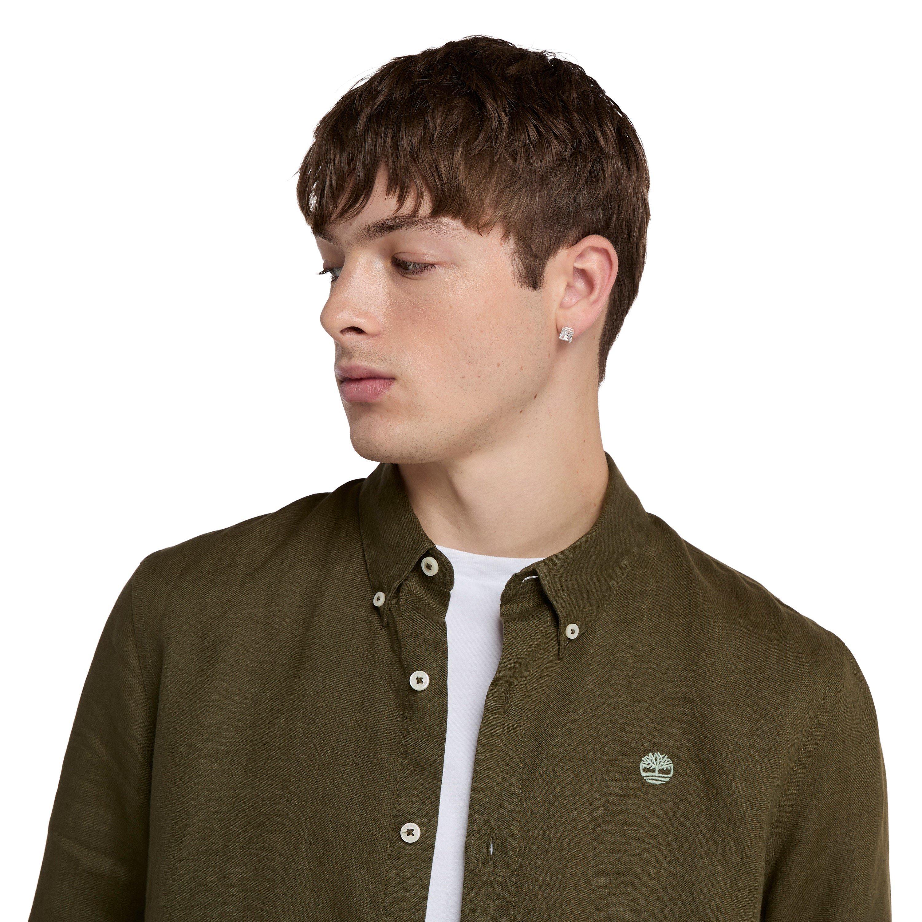 Leaf Green - Timberland - Men's Mill Brook Linen Leaf Green Long-Sleeve Plain Shirt - 4