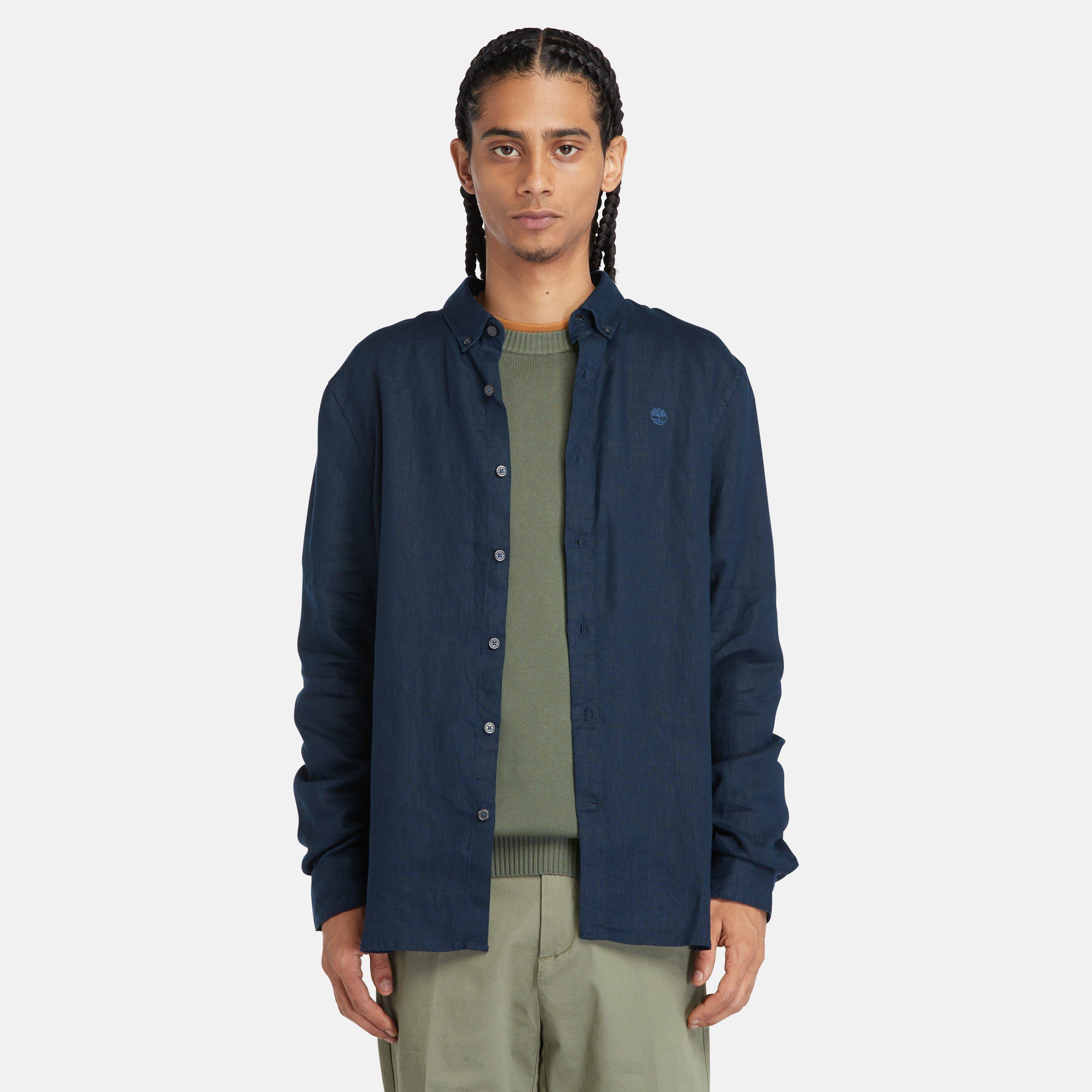 Dark Sapphire - Timberland - Men's Mill Brook Linen Leaf Green Long-Sleeve Plain Shirt - 3