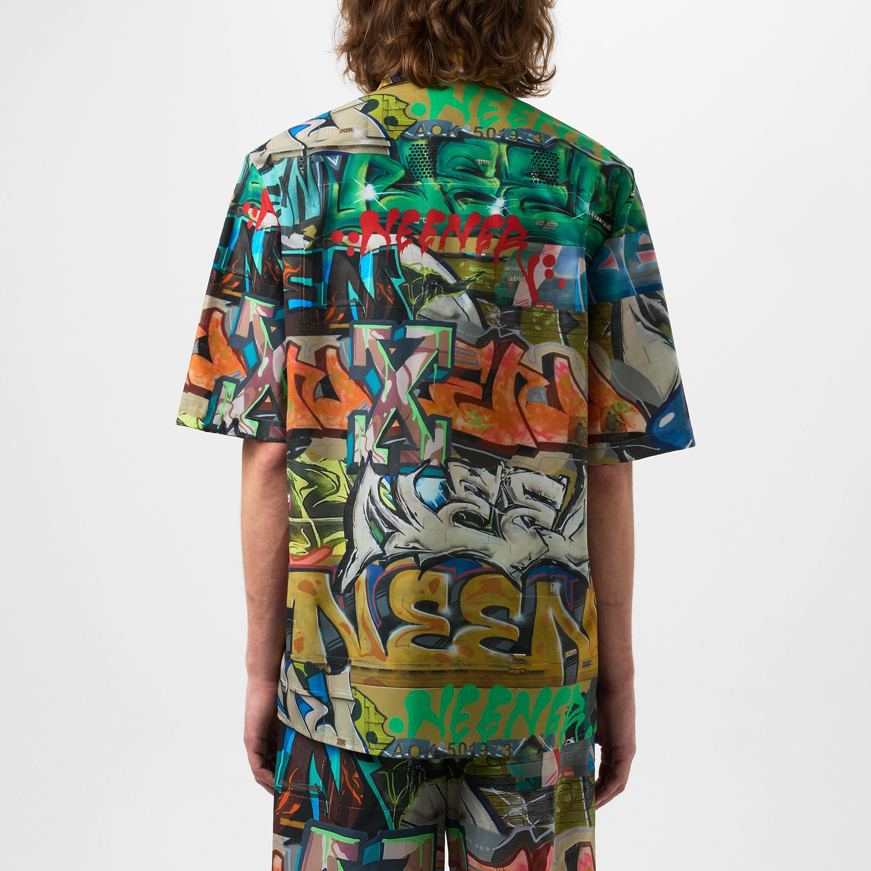 Multicolor - Off White - Men's Neen Allover O Shirt, Graffiti Design - 3