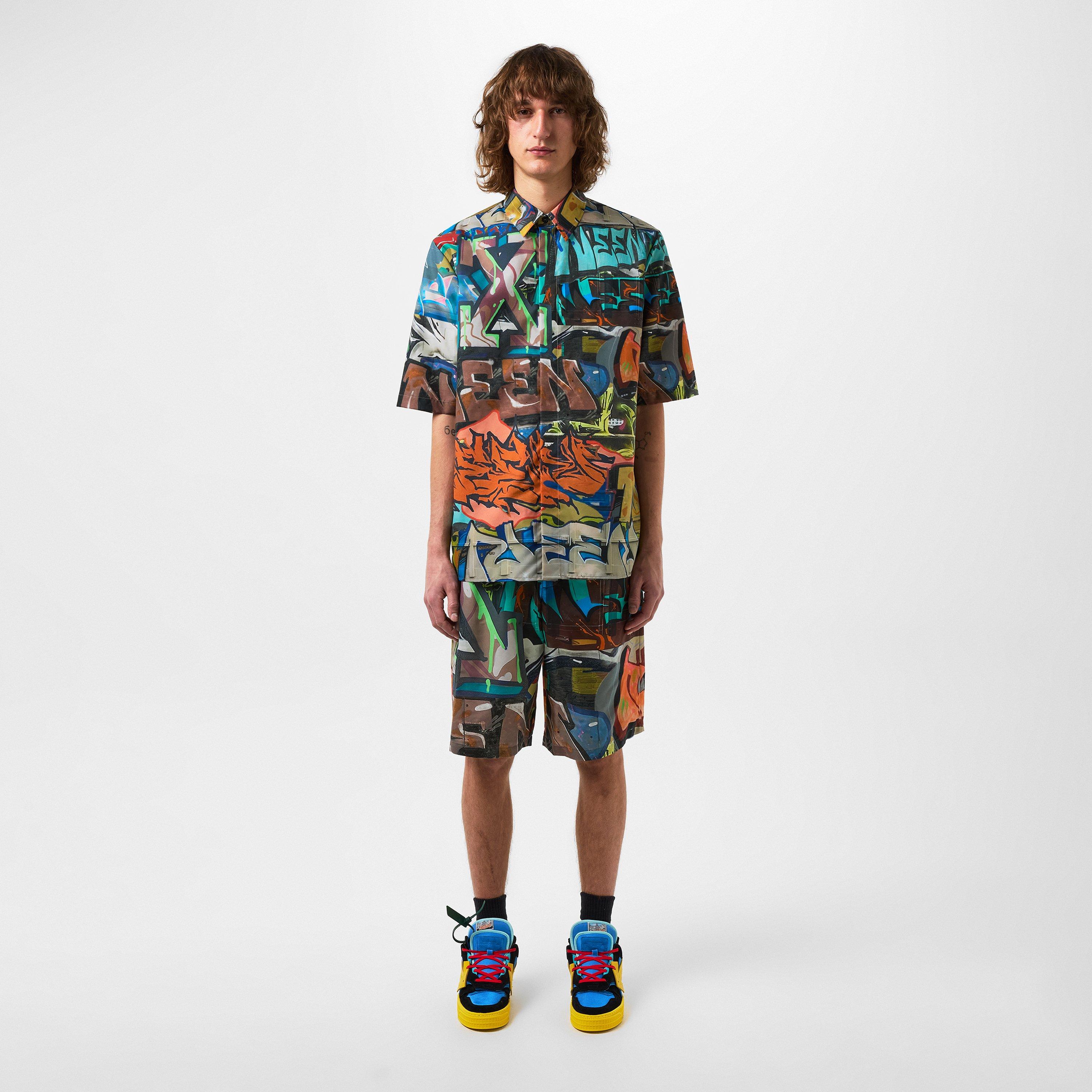 Multicolor - Off White - Men's Neen Allover O Shirt, Graffiti Design - 4