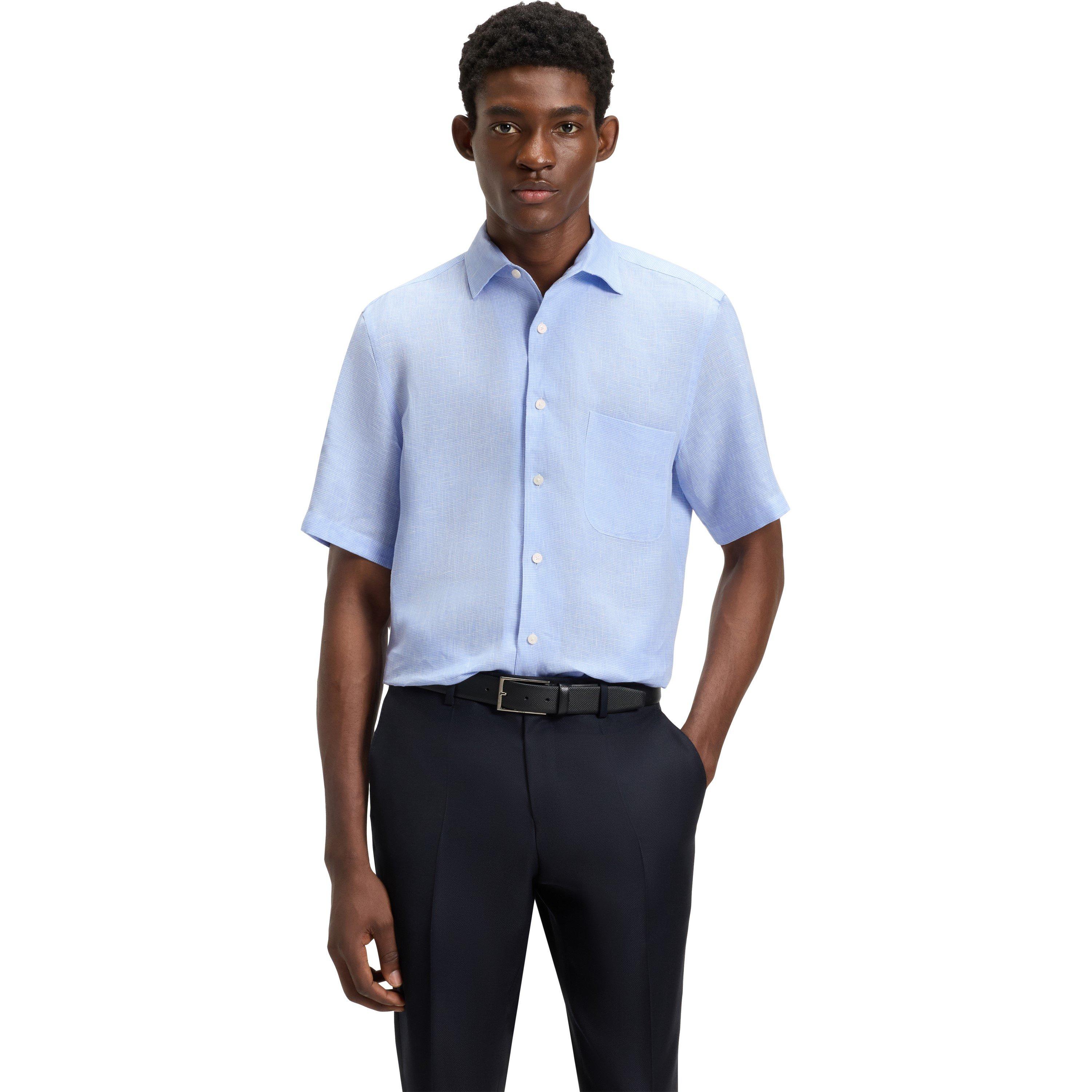 Light Blue 455 - Boss - Men's Double Breasted Lightweight Linen Shirt - 2