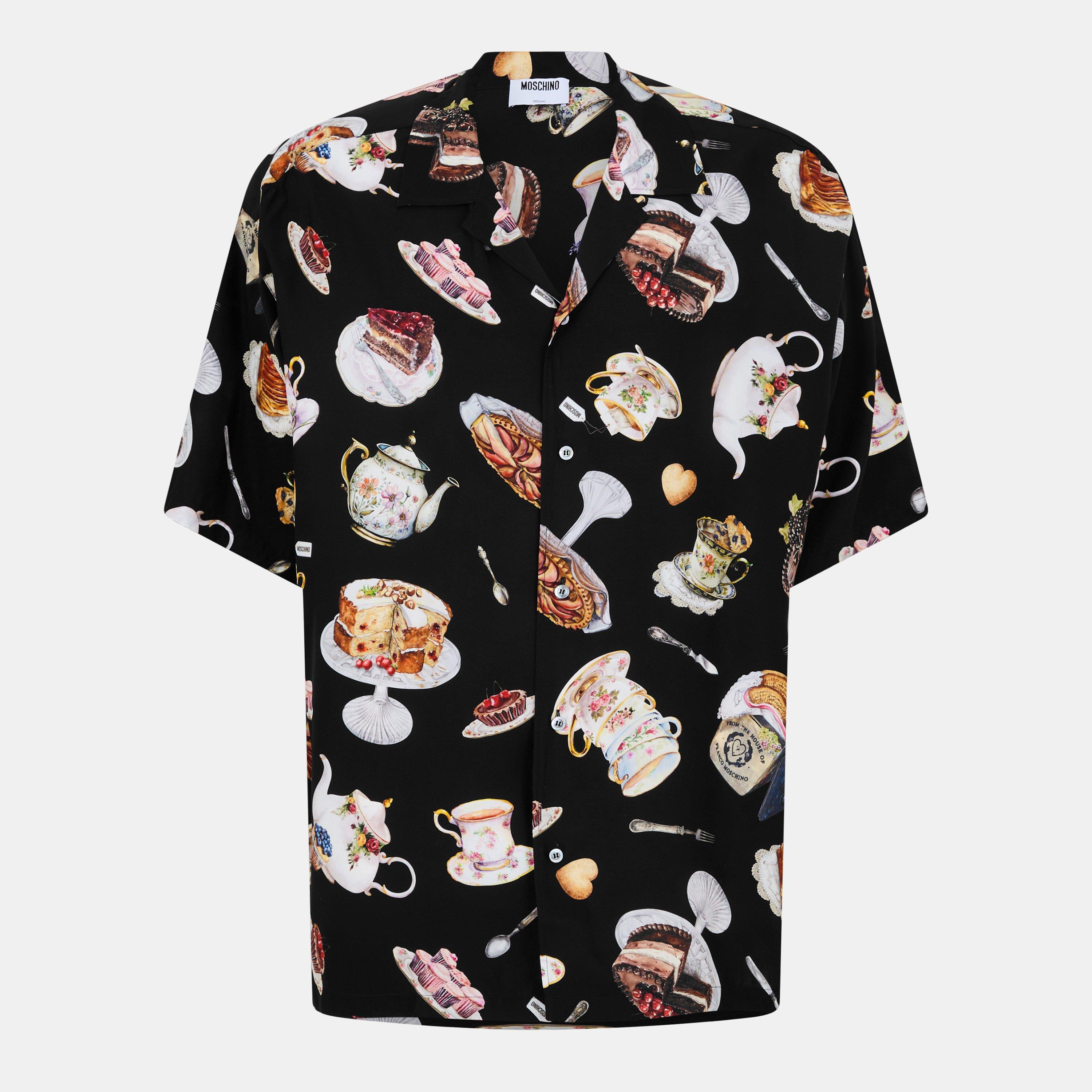 Black - Moschino - Men's Short Sleeve Patterned Relaxed Fit Shirt - 1