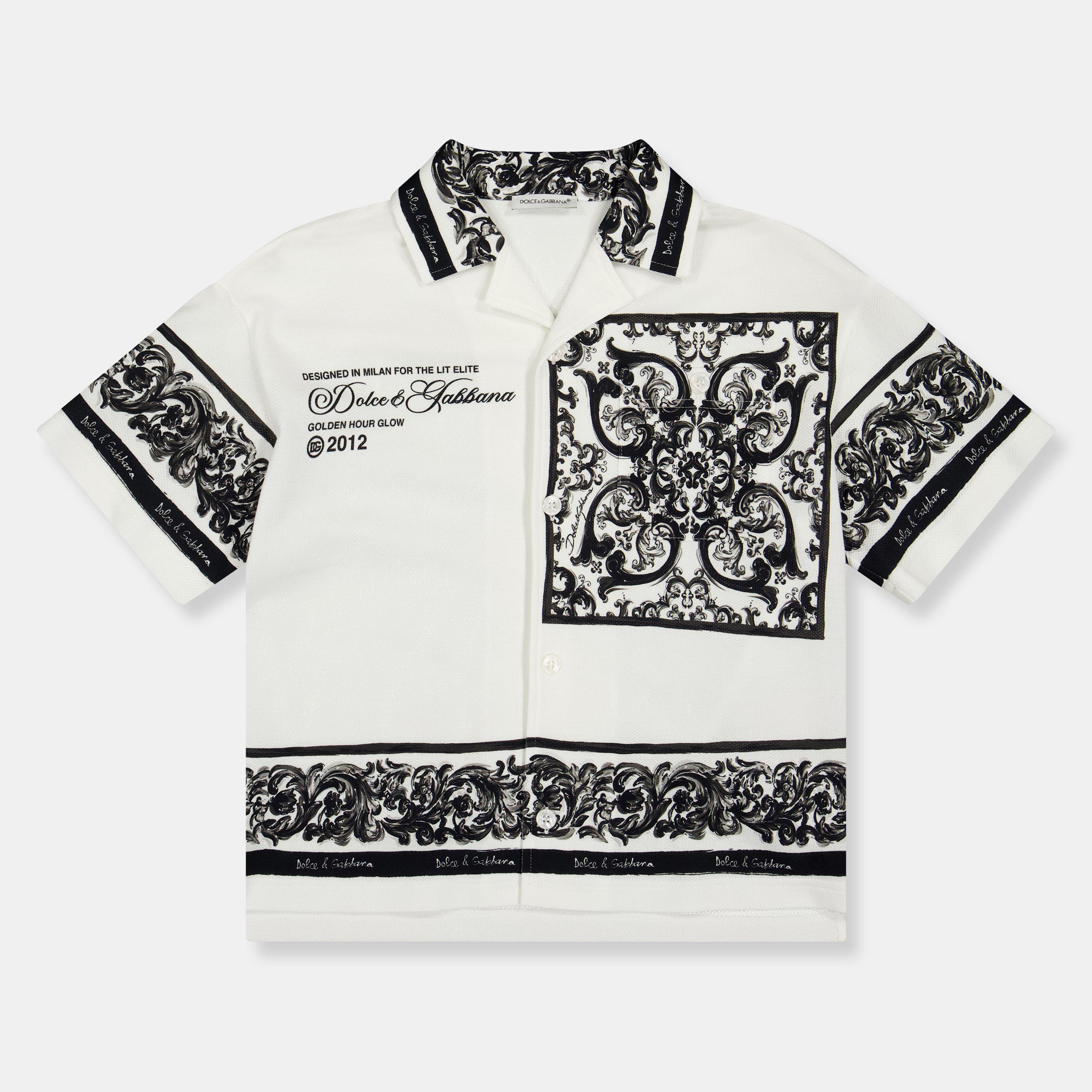 Dolce and Gabbana Kids' Logo Print Short Sleeve Bowling Shirt - Wht Blk HX5DQ - Size 4Y