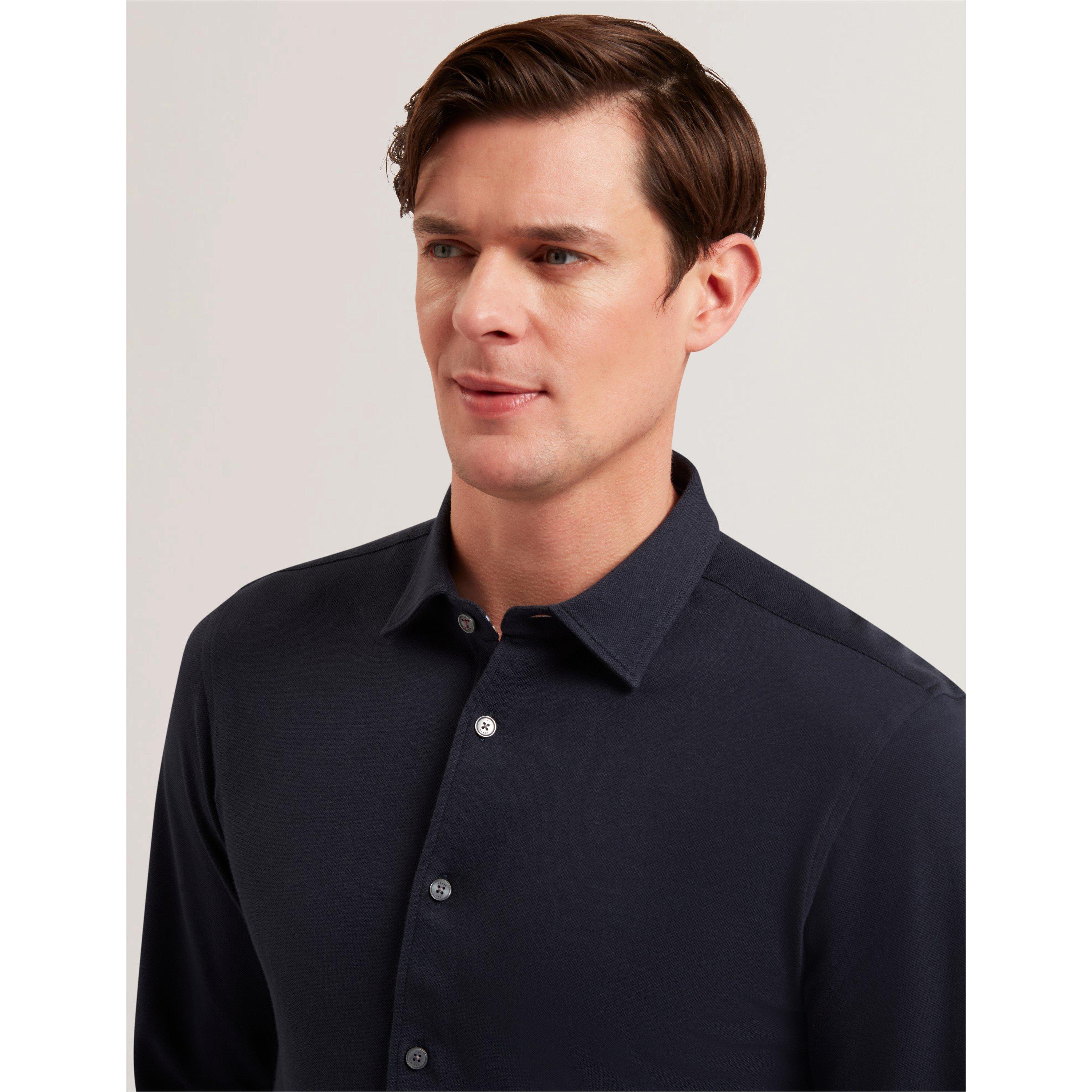 Blu navy - Ted Baker - Men's Luckey Pique Long-Sleeve Plain Shirt - 2