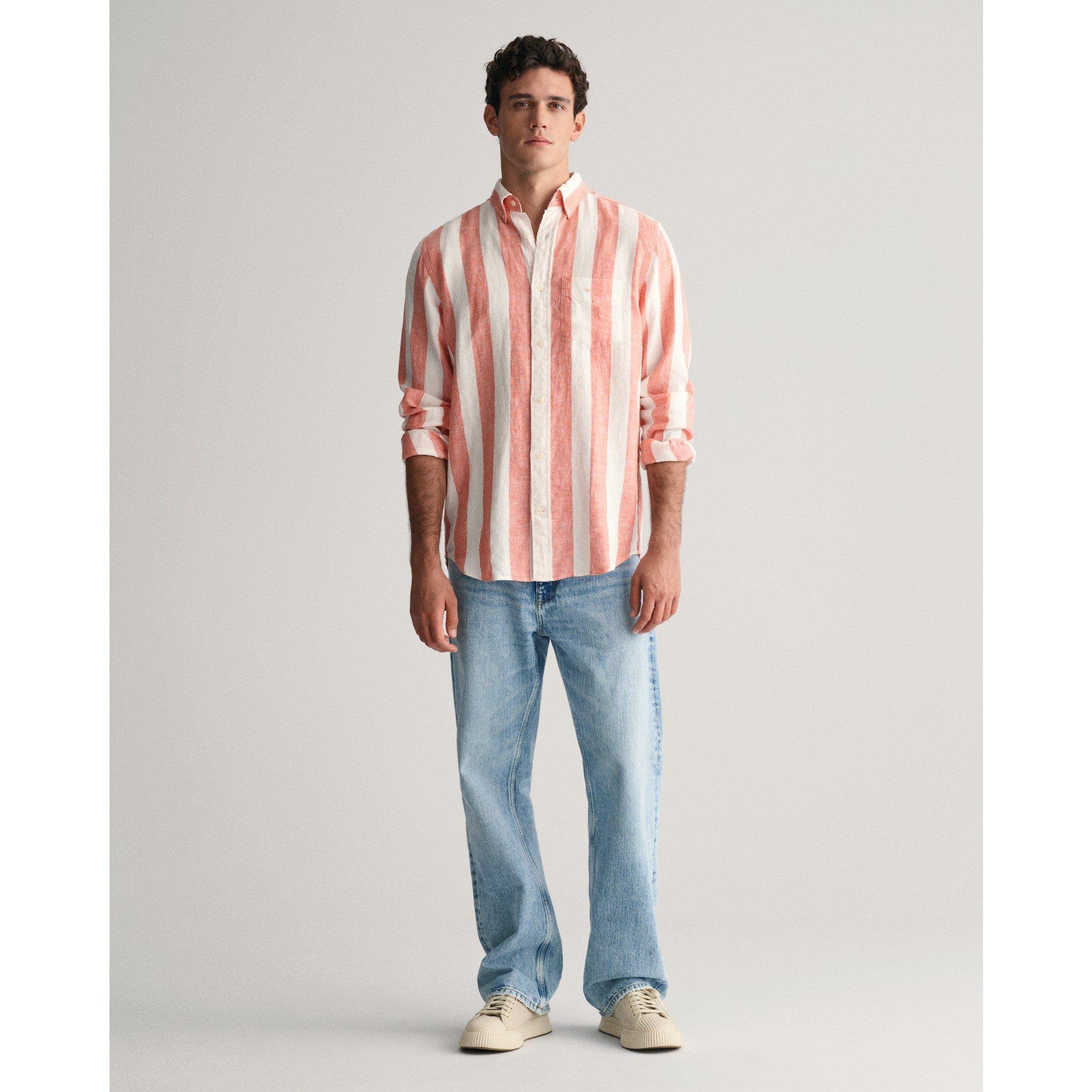 Verbrande Oranje - Gant - Men's Bold Stripe Linen Long-Sleeve Patterned Shirt - 5