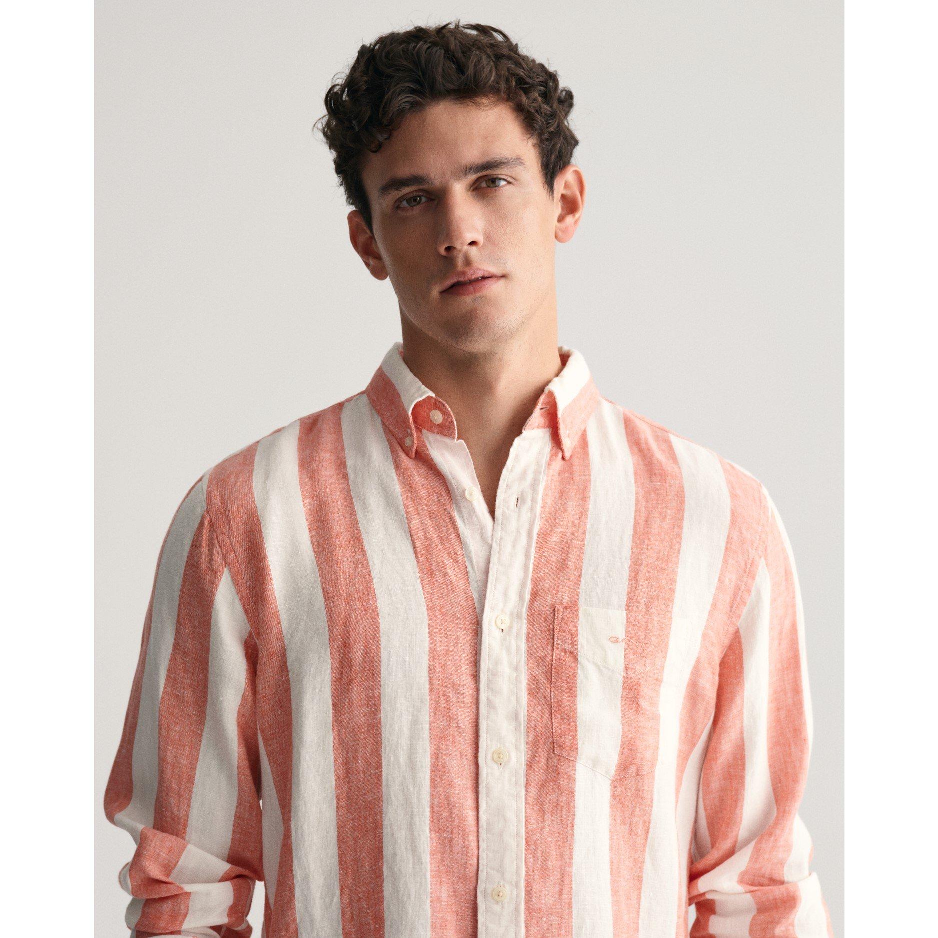 Verbrande Oranje - Gant - Men's Bold Stripe Linen Long-Sleeve Patterned Shirt - 4