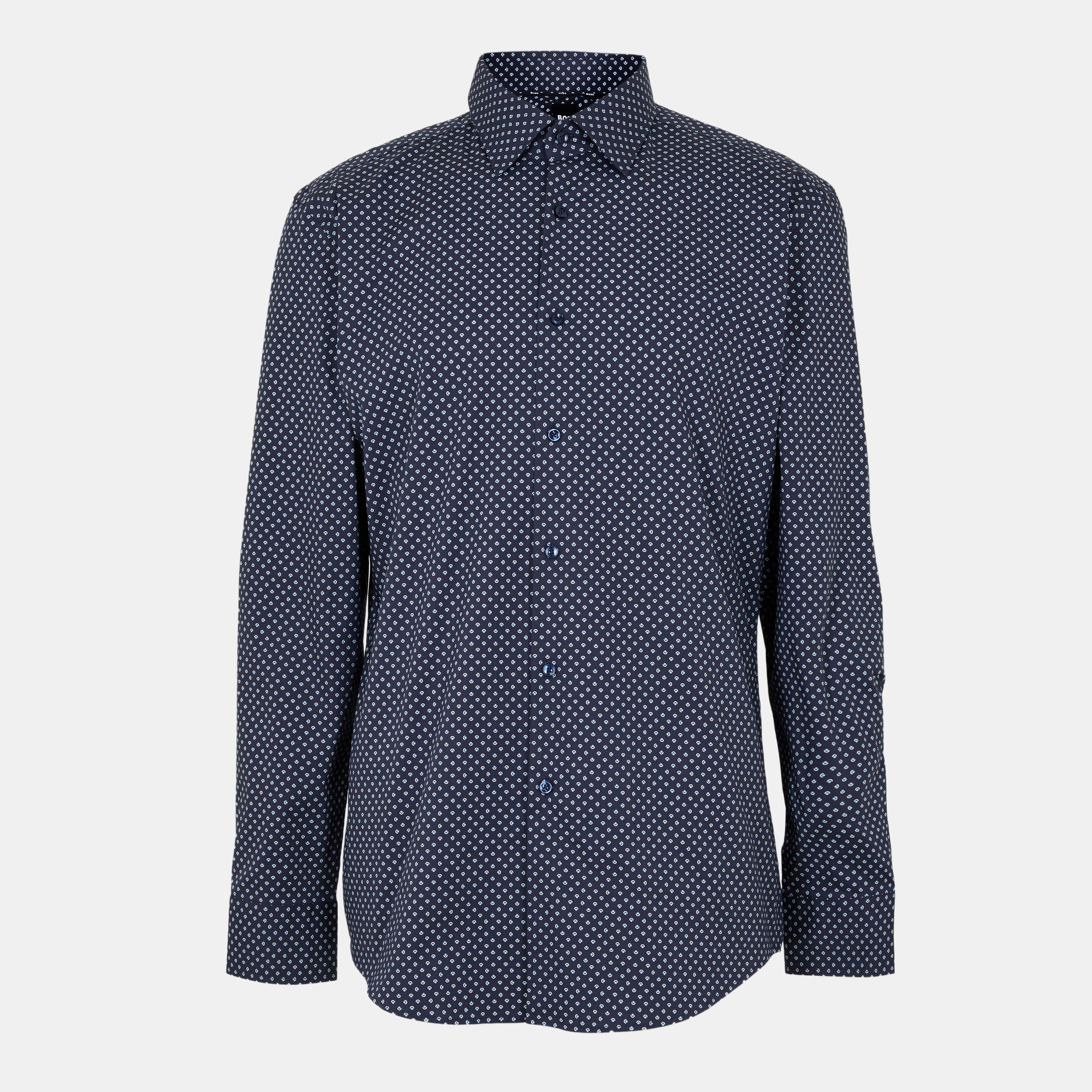 Boss Men's Hank Kent Long Sleeve Patterned Tailored Fit Shirt - Dark Blue 404 - Size 16 inch
