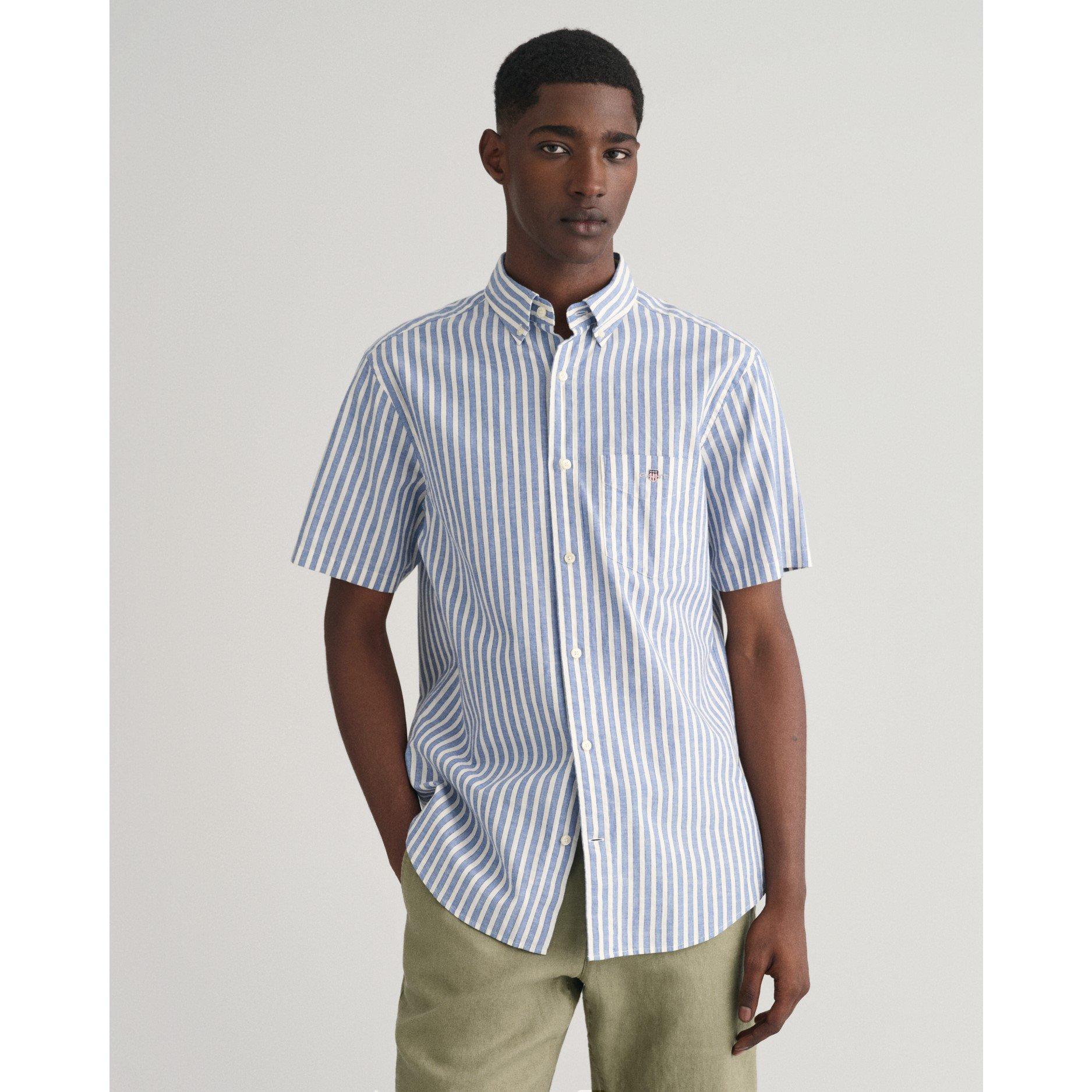 Dyb Blå - Gant - Men's Cotton Linen Stripe Short-Sleeve Patterned Shirt - 1
