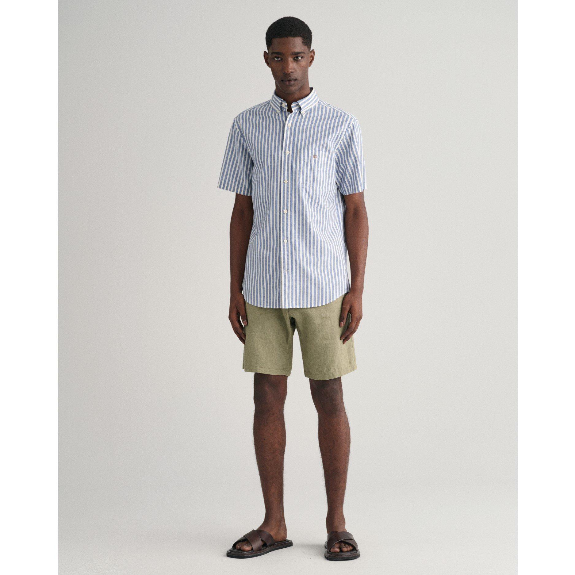 Dyb Blå - Gant - Men's Cotton Linen Stripe Short-Sleeve Patterned Shirt - 2