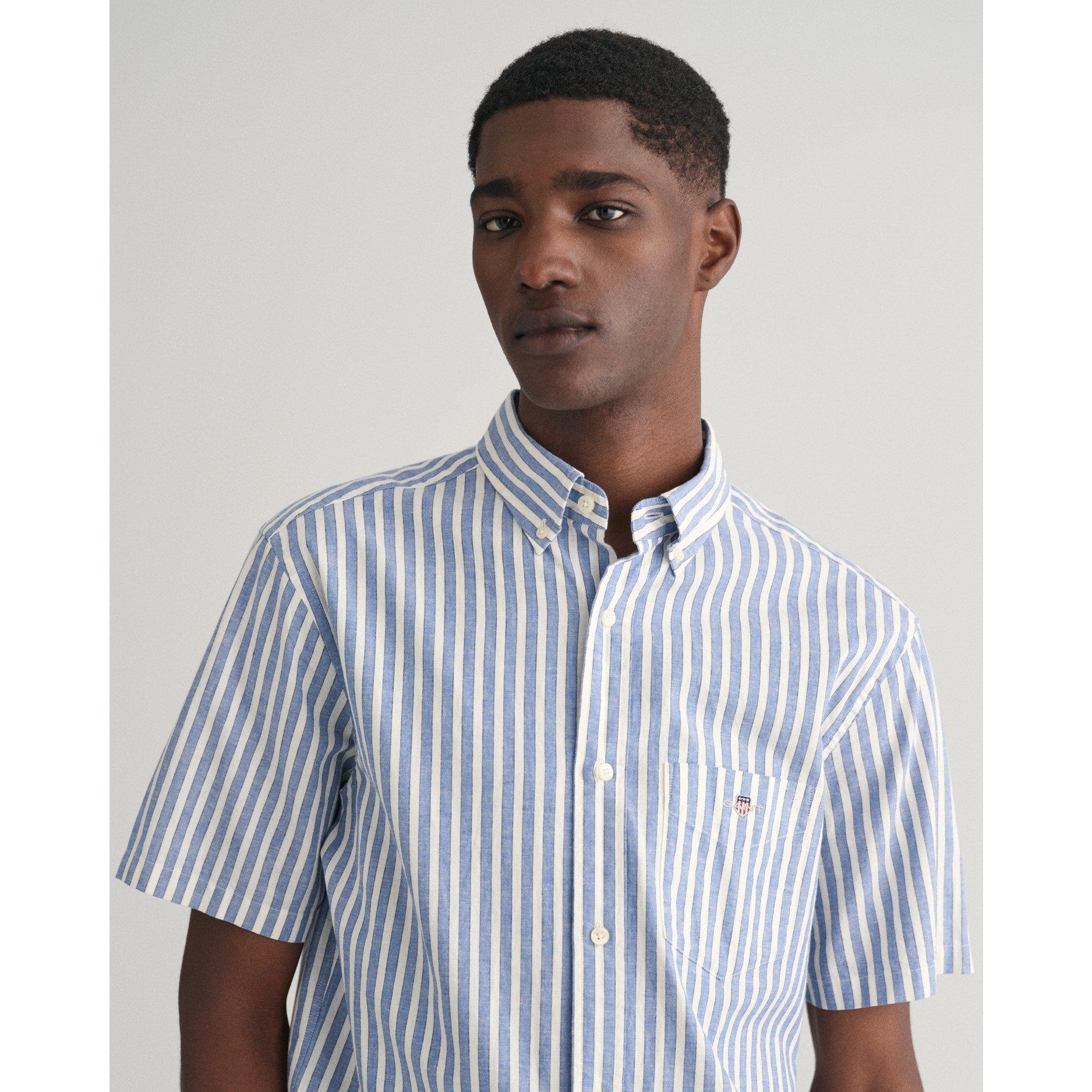 Dyb Blå - Gant - Men's Cotton Linen Stripe Short-Sleeve Patterned Shirt - 3