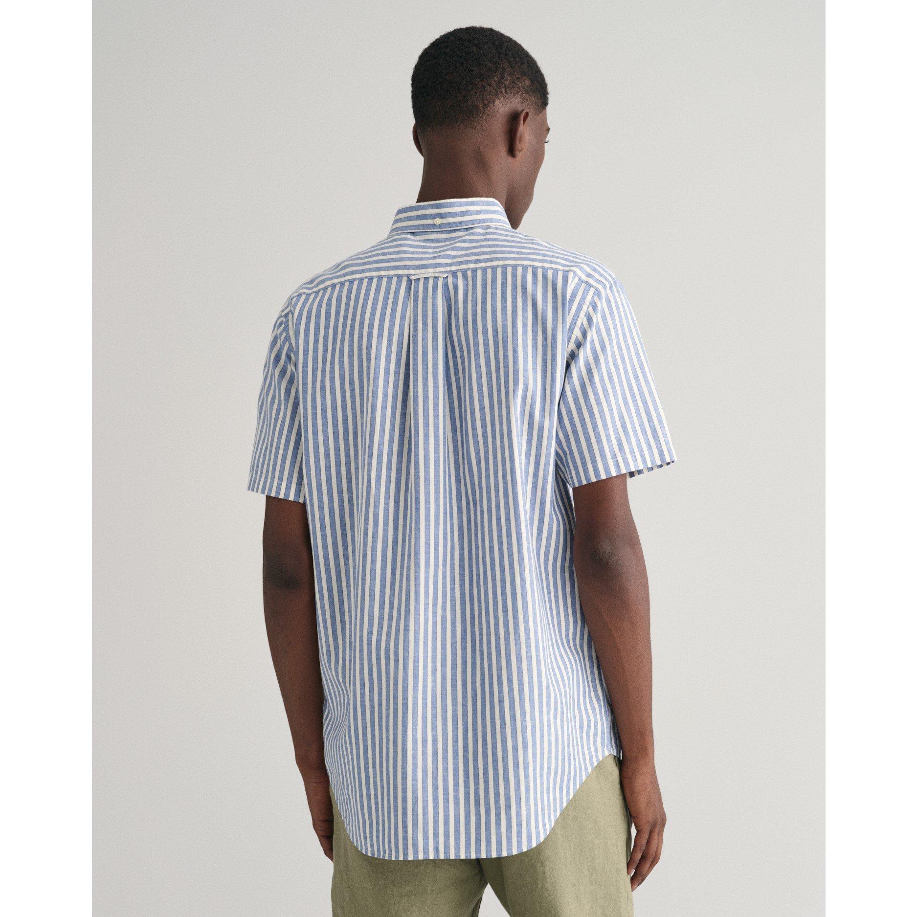 Dyb Blå - Gant - Men's Cotton Linen Stripe Short-Sleeve Patterned Shirt - 4