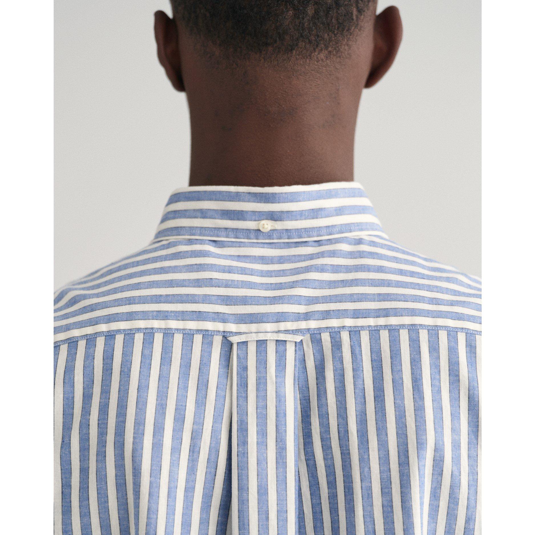 Dyb Blå - Gant - Men's Cotton Linen Stripe Short-Sleeve Patterned Shirt - 5