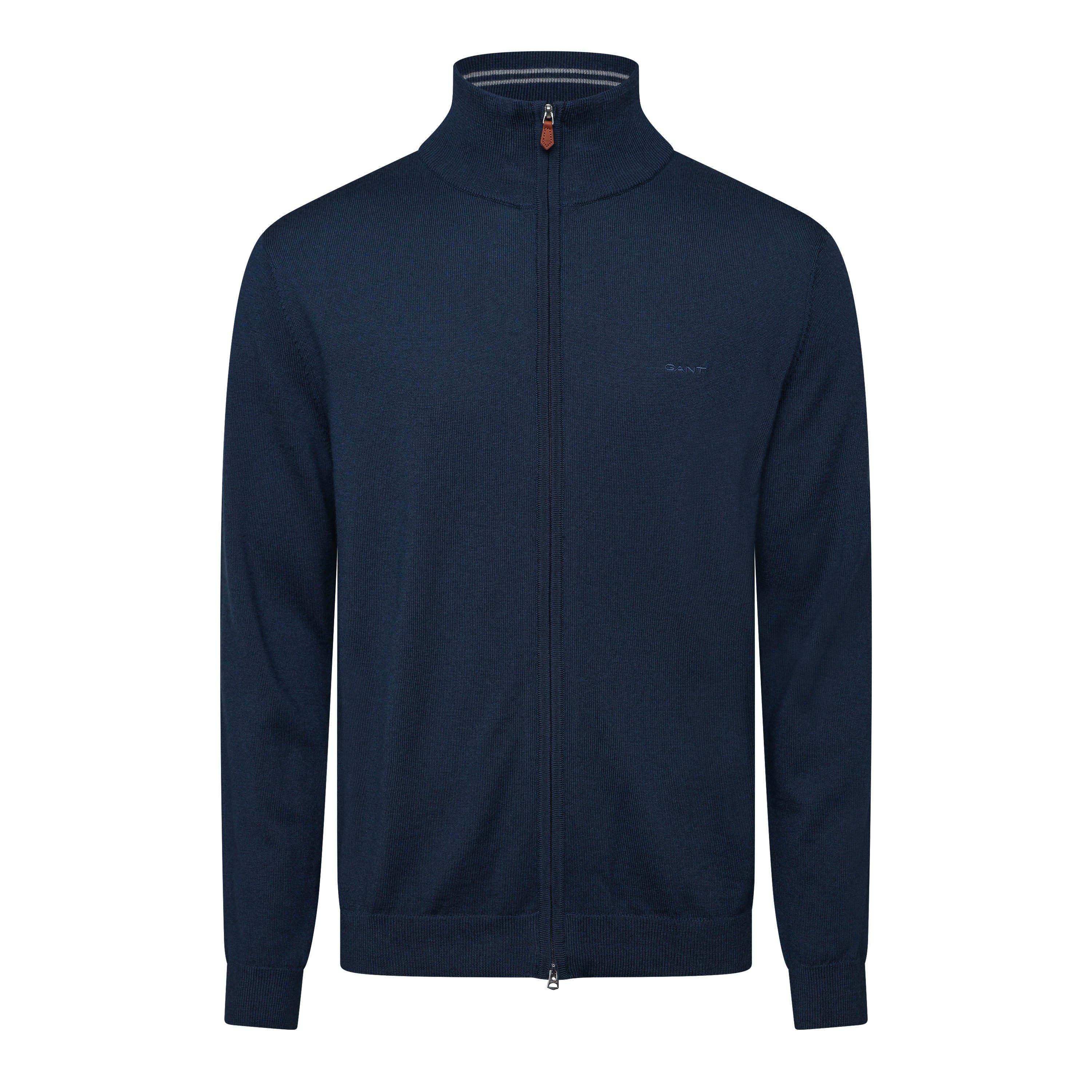 Gant Men's Cotton Texture Full Zip Fleece Top - MARINE - M