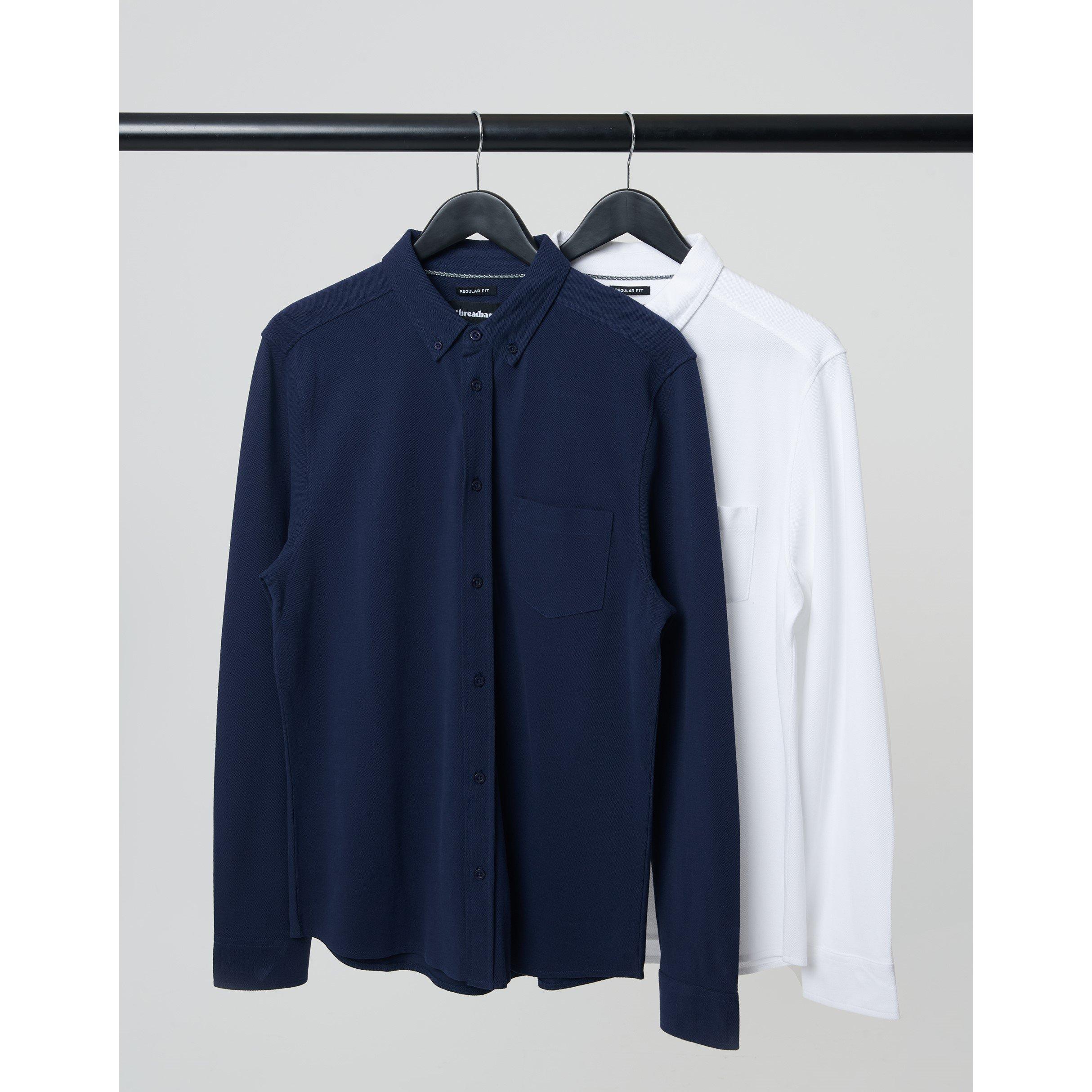 White/Navy - Threadbare - Men's Long-Sleeve Plain Shirt - 1